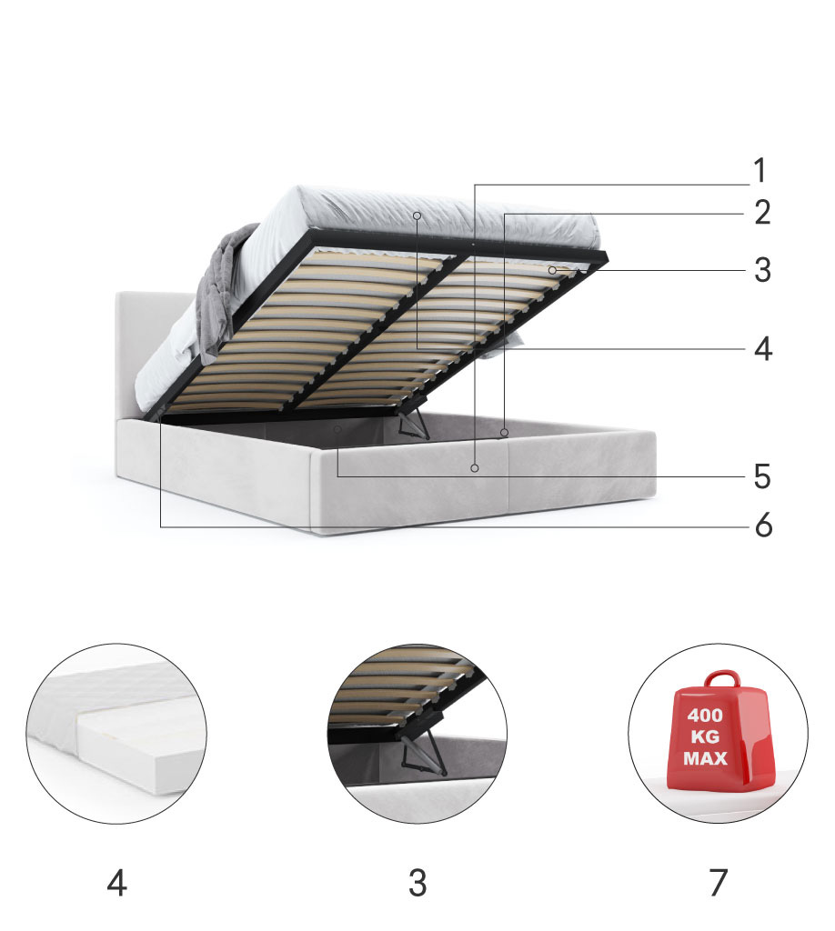 Composants pour Polsterbett Schlafzimmerbett Doppelbett HILTON 160X200 mit Stauraum, hellgrau