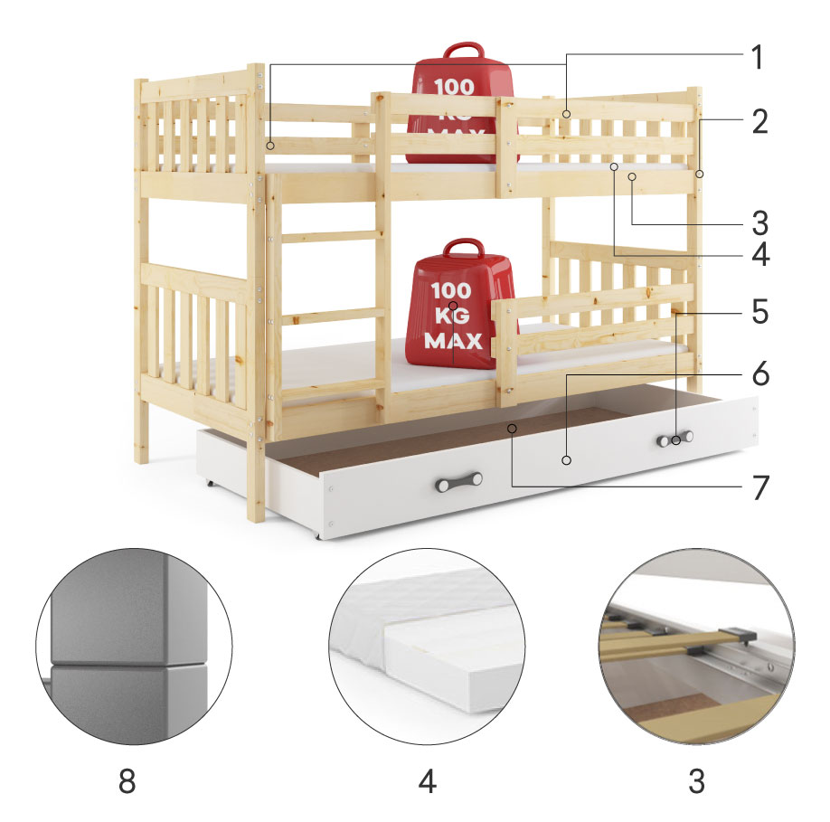 Komponenten für Stockbett für Jugendliche Kacpar, 90x190, naturholz