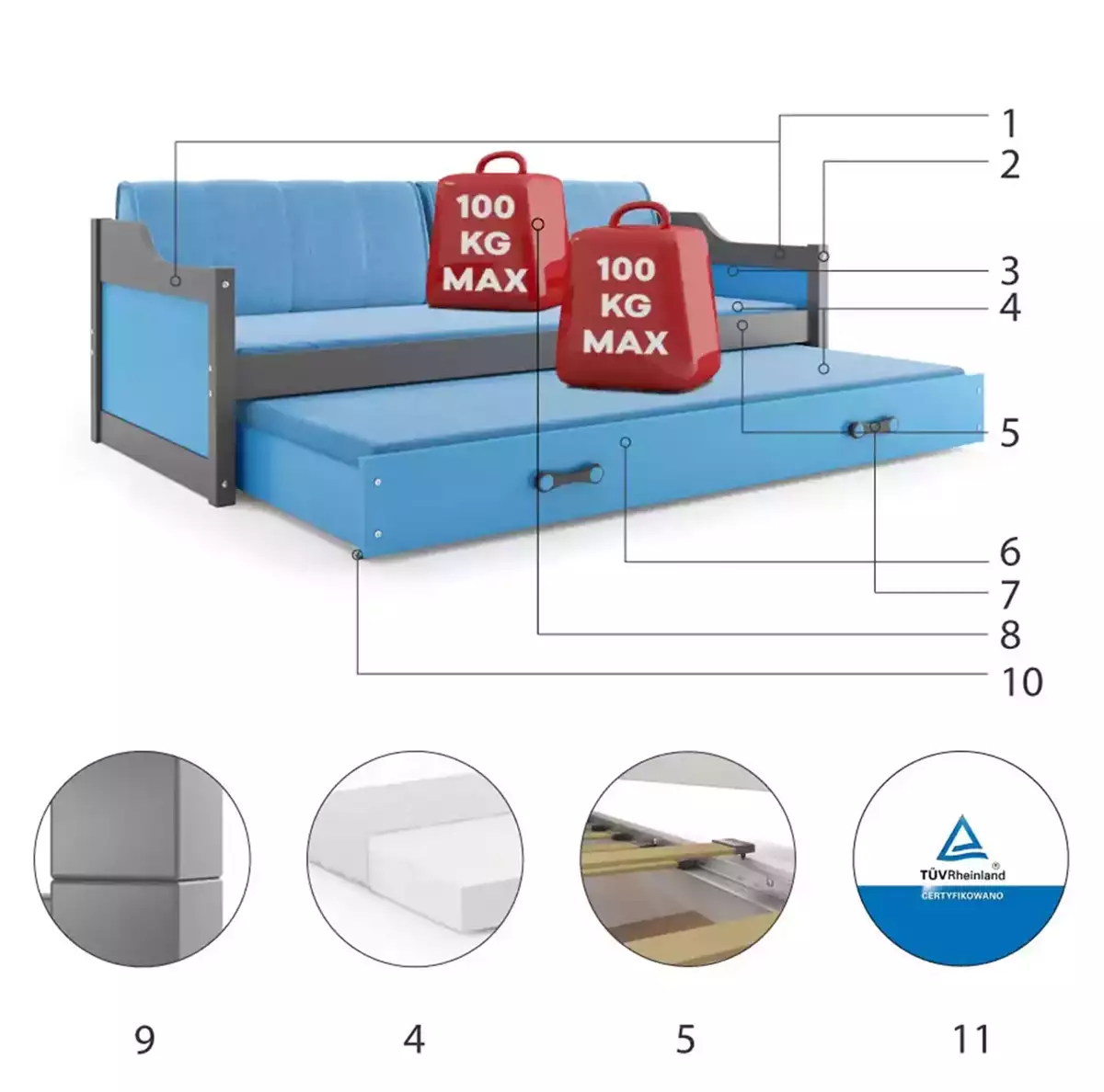 Komponenten für Ausziehbett für Jugendliche David, 90x200, mit Matratze und Schublade, grau/blau Komponenten für Ausziehbett für Jugendliche David, 90x200, mit Matratze und Schublade, grau/blau