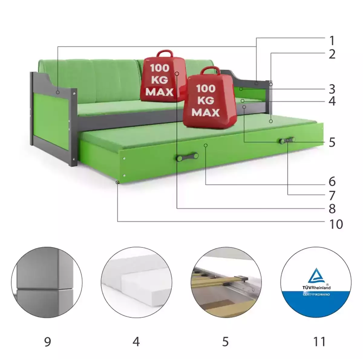 Komponenten für Ausziehbett für Jugendliche David, 90x200, mit Matratze und Schublade, grau/grün Komponenten für Ausziehbett für Jugendliche David, 90x200, mit Matratze und Schublade, grau/grün