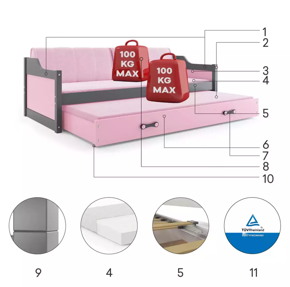 Komponenten für Ausziehbett für Jugendliche David, 90x200, mit Matratze und Schublade, grau/rosa Komponenten für Ausziehbett für Jugendliche David, 90x200, mit Matratze und Schublade, grau/rosa