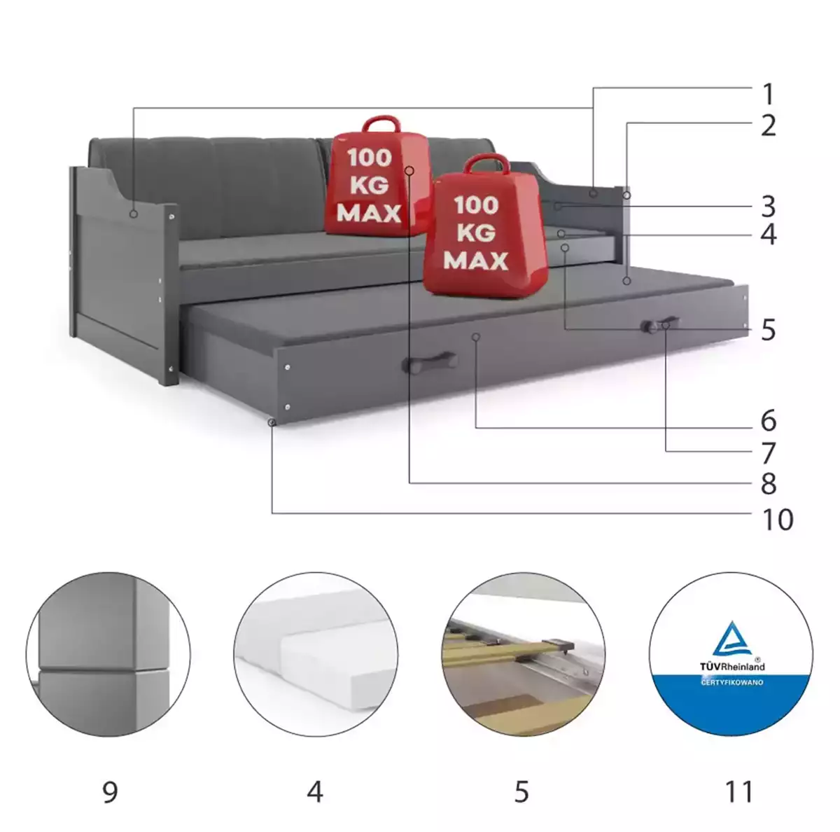 Komponenten für Ausziehbett für Jugendliche David, 90x200, mit Matratze und Schublade, grau Komponenten für Ausziehbett für Jugendliche David, 90x200, mit Matratze und Schublade, grau