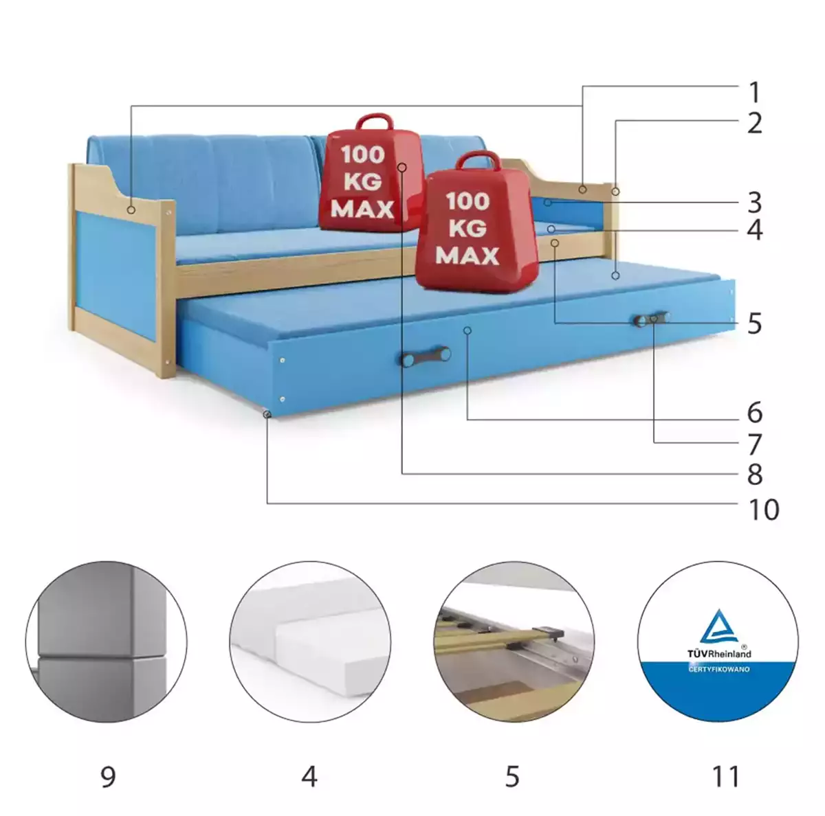 Komponenten für Ausziehbett für Jugendliche David, 90x200, mit Matratze und Schublade, Kiefer/blau Komponenten für Ausziehbett für Jugendliche David, 90x200, mit Matratze und Schublade, Kiefer/blau