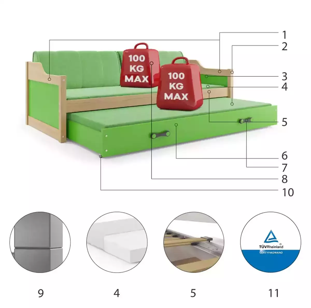 Komponenten für Ausziehbett für Jugendliche David, 90x200, mit Matratze und Schublade, Kiefer/grün