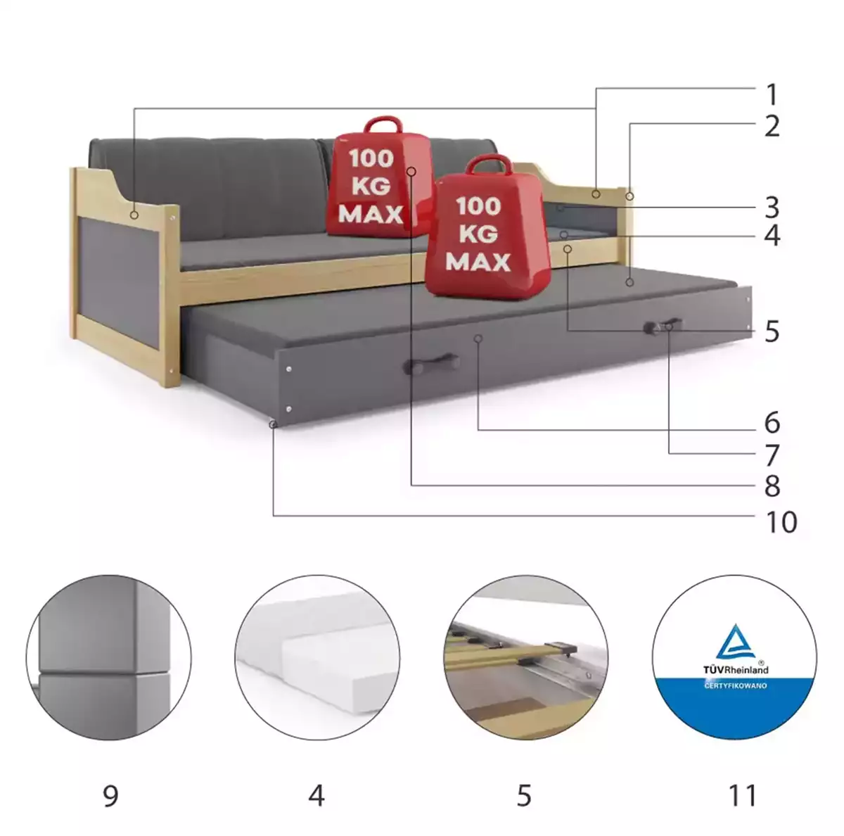 Komponenten für Ausziehbett für Jugendliche David, 90x200, mit Matratze und Schublade, Kiefer/grau Komponenten für Ausziehbett für Jugendliche David, 90x200, mit Matratze und Schublade, Kiefer/grau