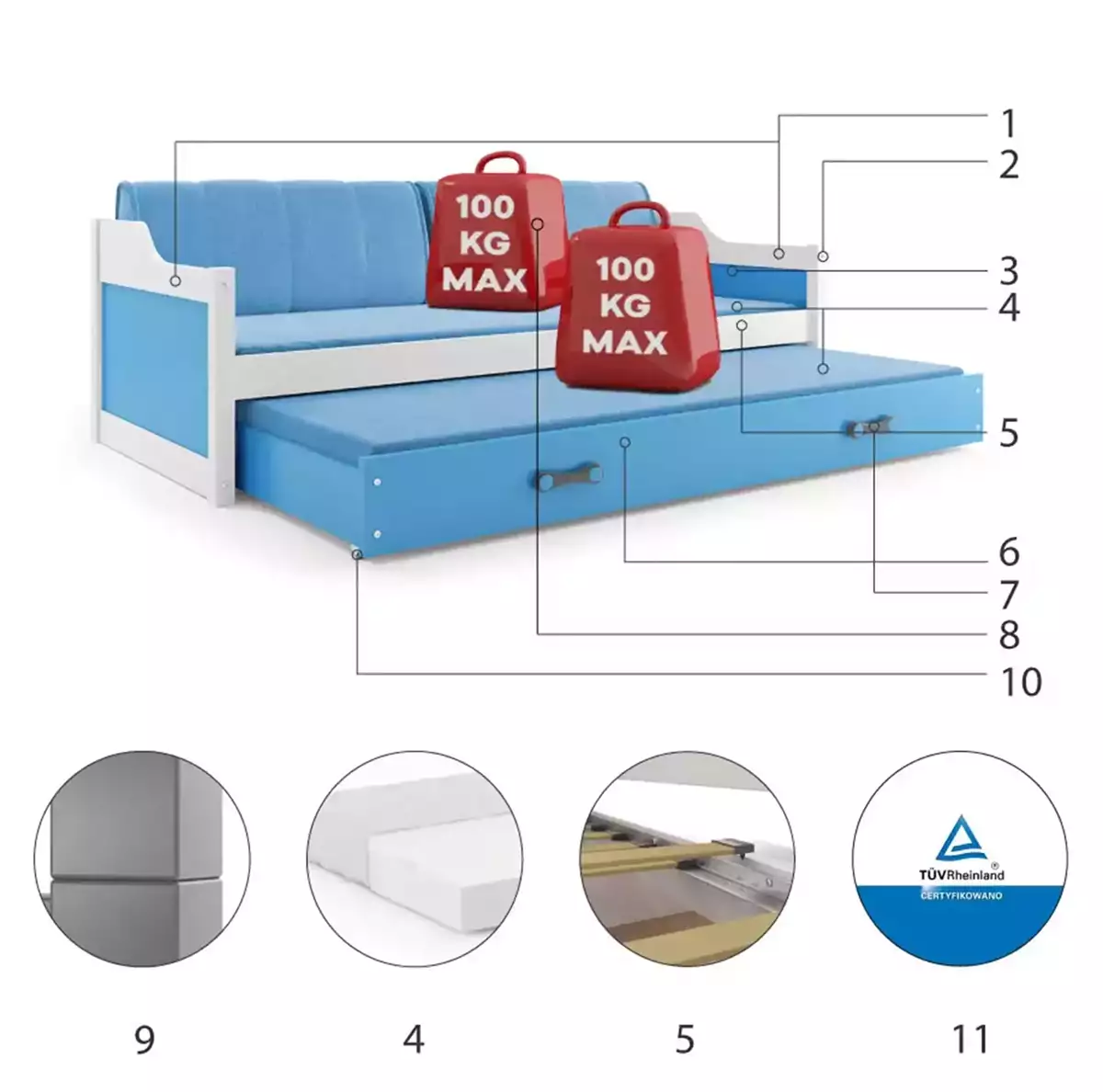 Komponenten für Ausziehbett für Jugendliche David, 90x200, mit Matratze und Schublade, weiß/blau Komponenten für Ausziehbett für Jugendliche David, 90x200, mit Matratze und Schublade, weiß/blau