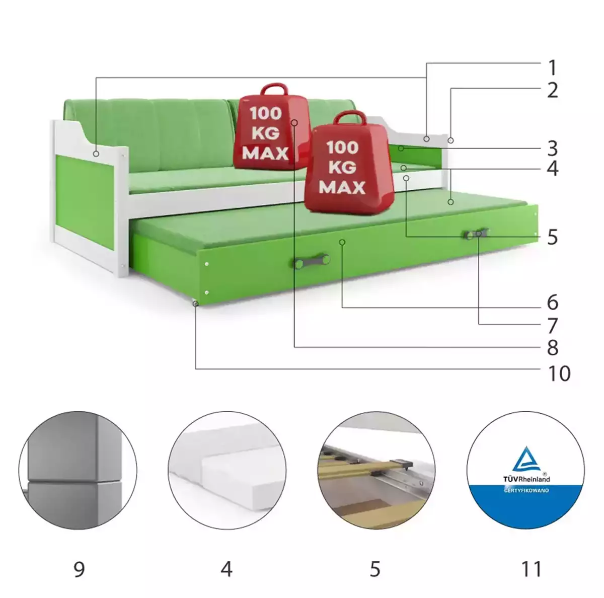 Komponenten für Ausziehbett für Jugendliche David, 90x200, mit Matratze und Schublade, weiß/grün