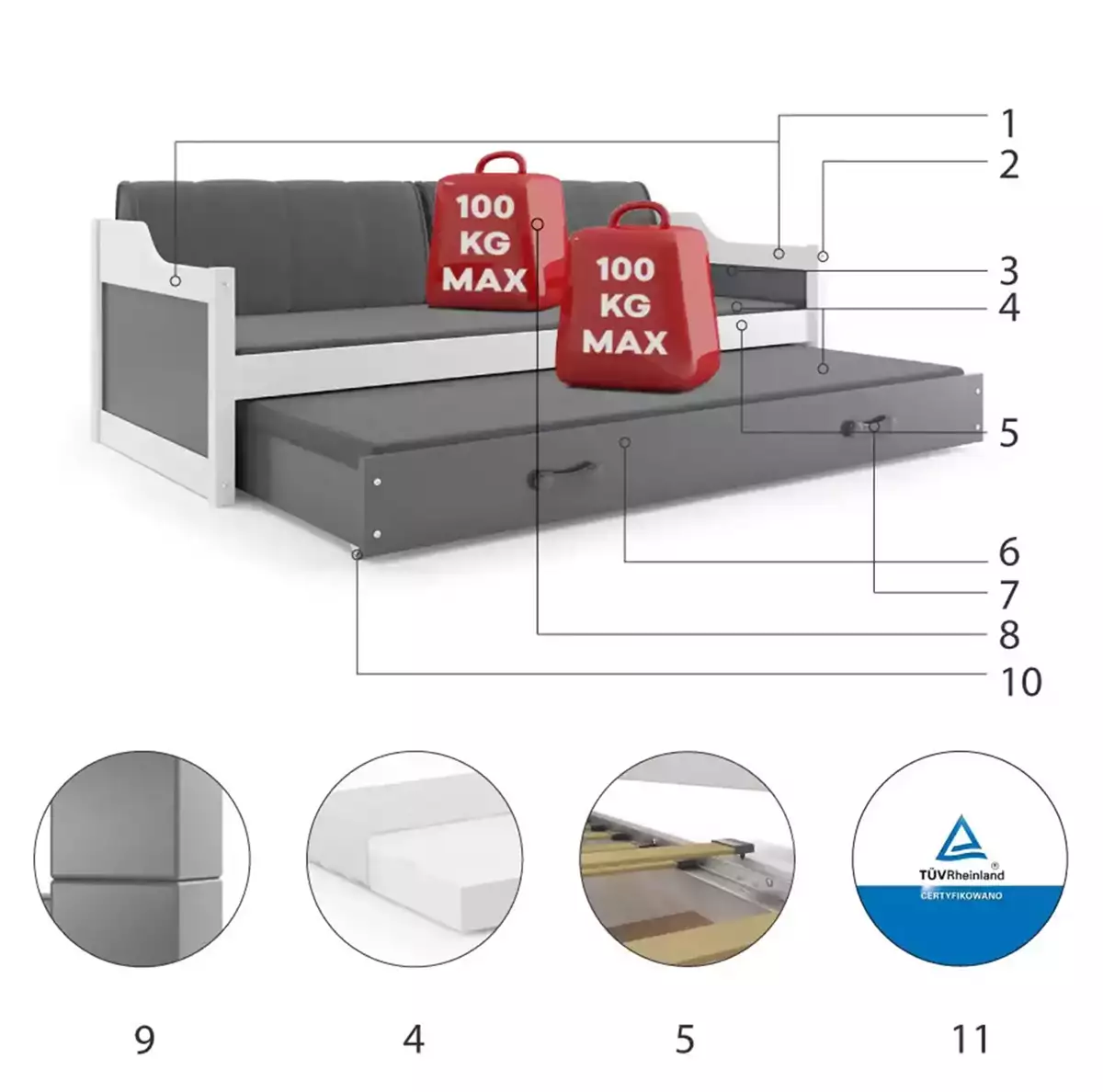Komponenten für Ausziehbett für Jugendliche David, 90x200, mit Matratze und Schublade, weiß/grau Komponenten für Ausziehbett für Jugendliche David, 90x200, mit Matratze und Schublade, weiß/grau