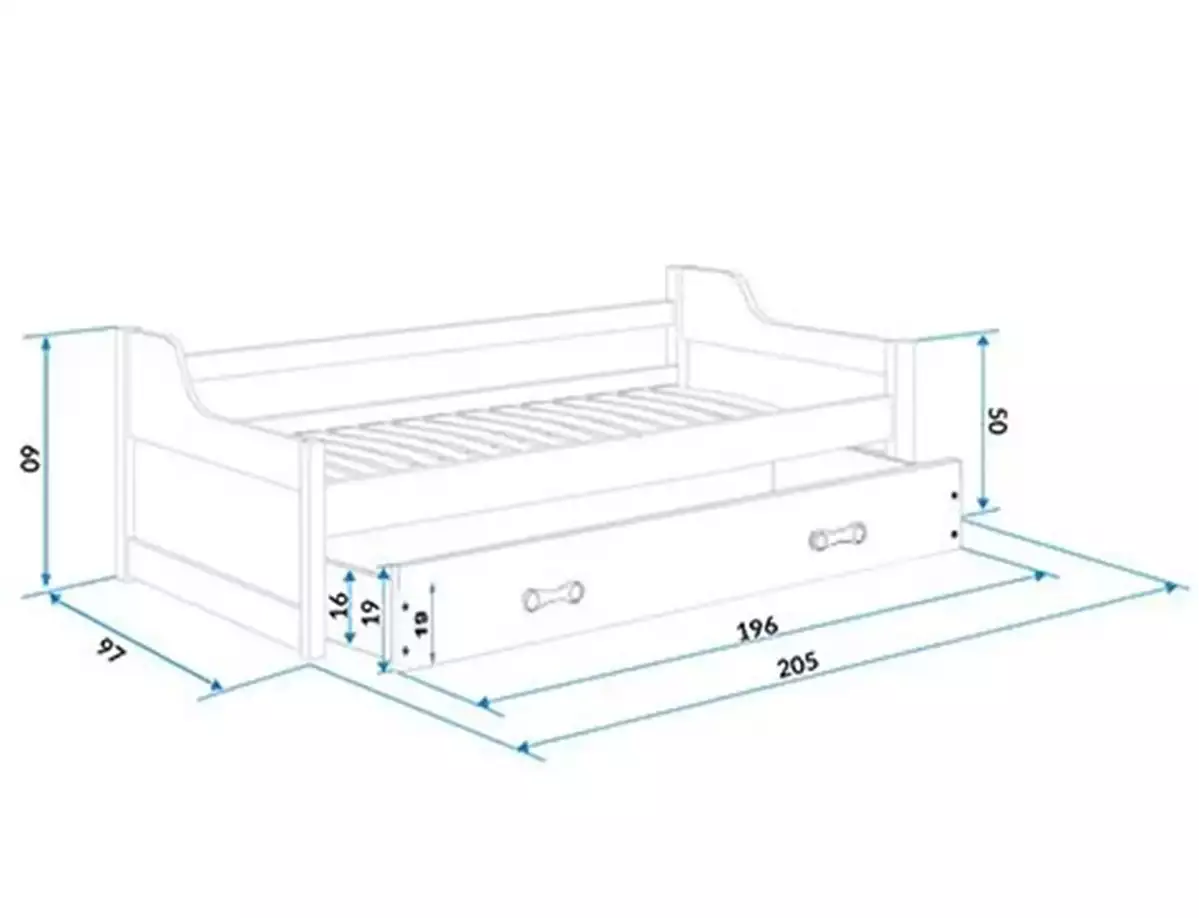 Abmessungen und Spezifikationen für Ausziehbett für Jugendliche David, 90x200, mit Matratze und Schublade, weiß/rosa Abmessungen und Spezifikationen für Ausziehbett für Jugendliche David, 90x200, mit Matratze und Schublade, weiß/rosa