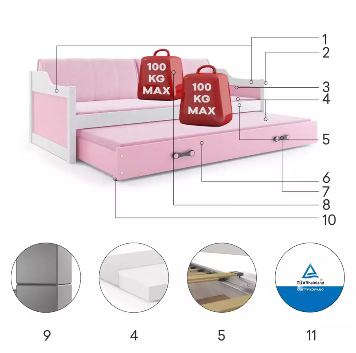Komponenten für Ausziehbett für Jugendliche David, 90x200, mit Matratze und Schublade, weiß/rosa Komponenten für Ausziehbett für Jugendliche David, 90x200, mit Matratze und Schublade, weiß/rosa
