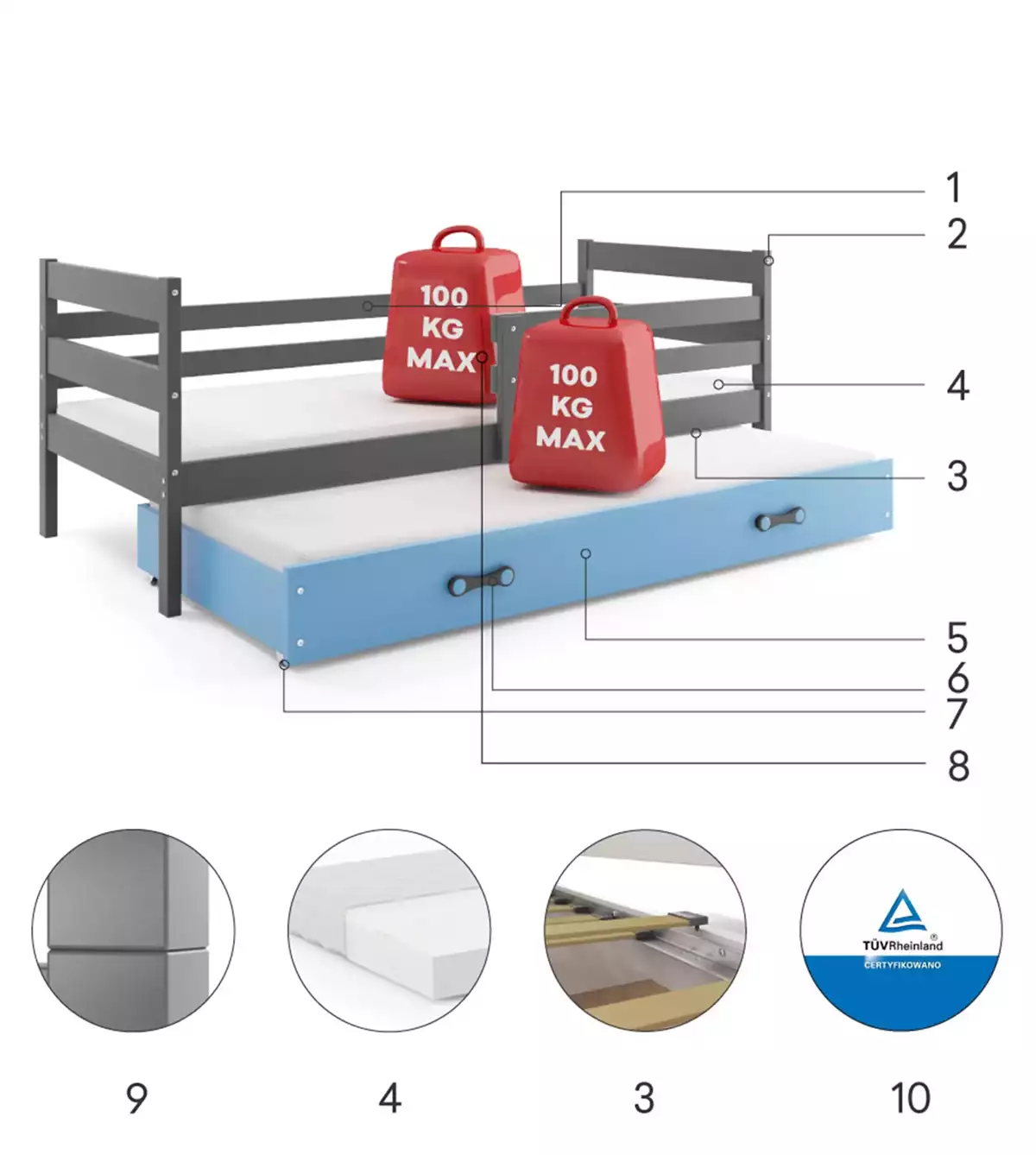 Komponenten für Ausziehbett für Jugendliche Erik, 80x190, mit Matratze und Schublade, grau/blau Komponenten für Ausziehbett für Jugendliche Erik, 80x190, mit Matratze und Schublade, grau/blau