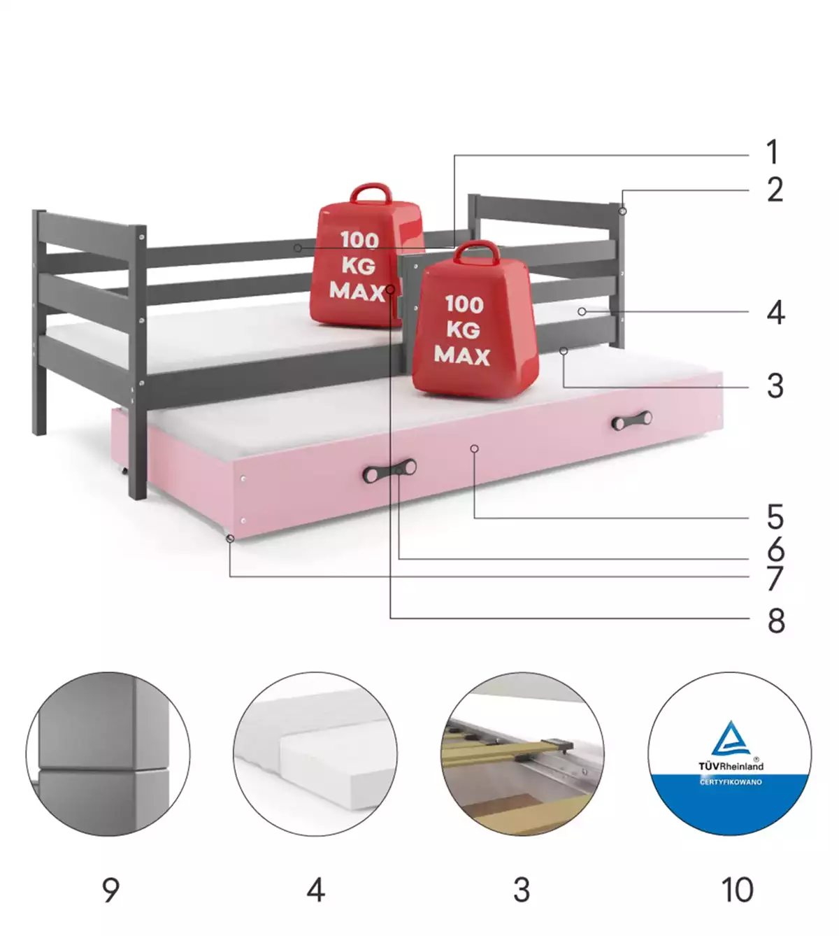 Komponenten für Ausziehbett für Jugendliche Erik, 80x190, mit Matratze und Schublade, grau/rosa Komponenten für Ausziehbett für Jugendliche Erik, 80x190, mit Matratze und Schublade, grau/rosa