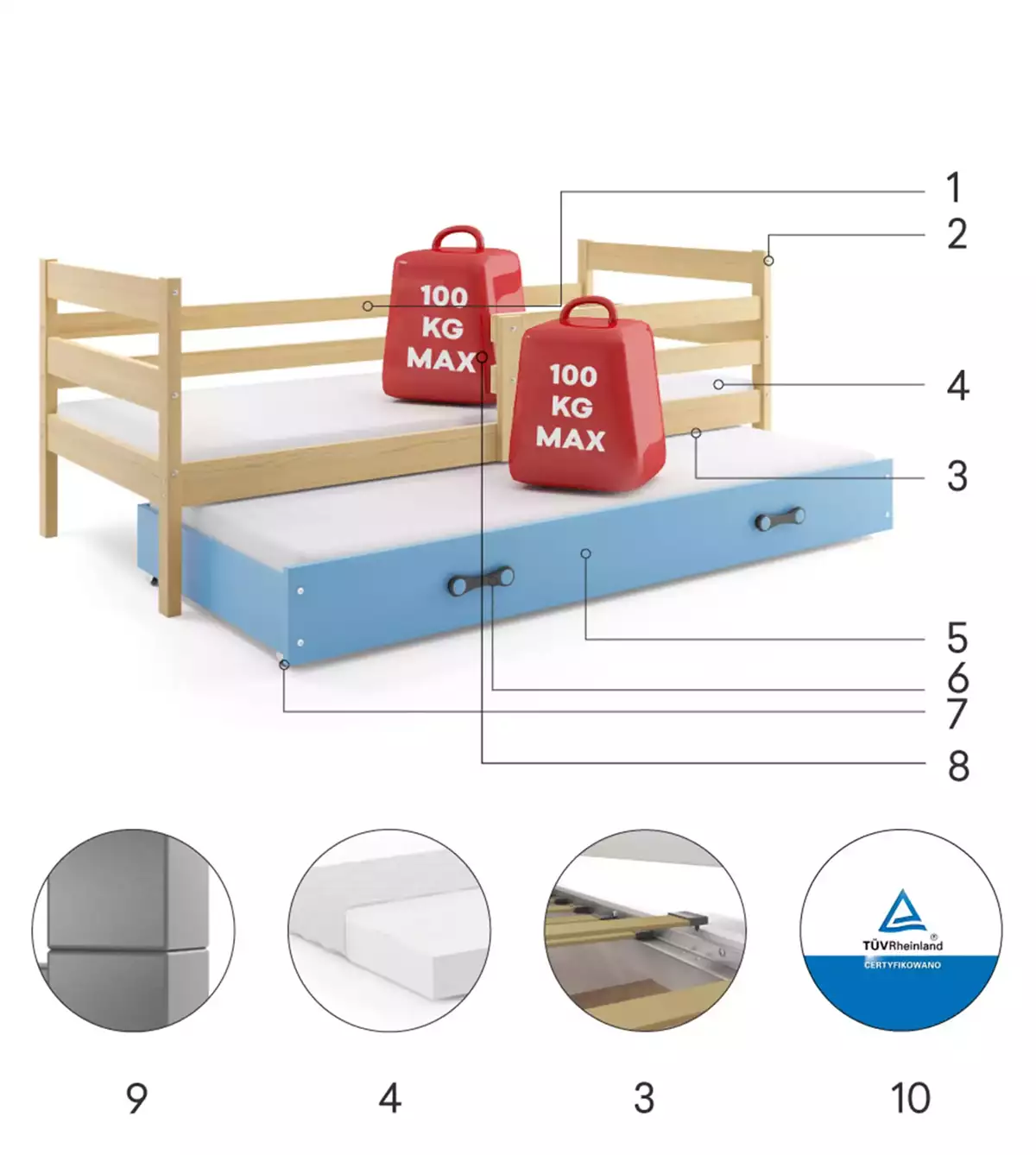 Komponenten für Ausziehbett für Jugendliche Erik, 80x190, mit Matratze und Schublade, Kiefer/blau Komponenten für Ausziehbett für Jugendliche Erik, 80x190, mit Matratze und Schublade, Kiefer/blau