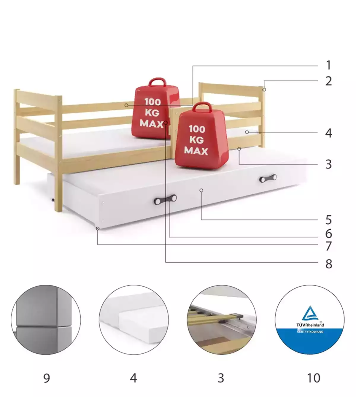 Komponenten für Ausziehbett für Jugendliche Erik, 80x190, mit Matratze und Schublade, Kiefer/weiß