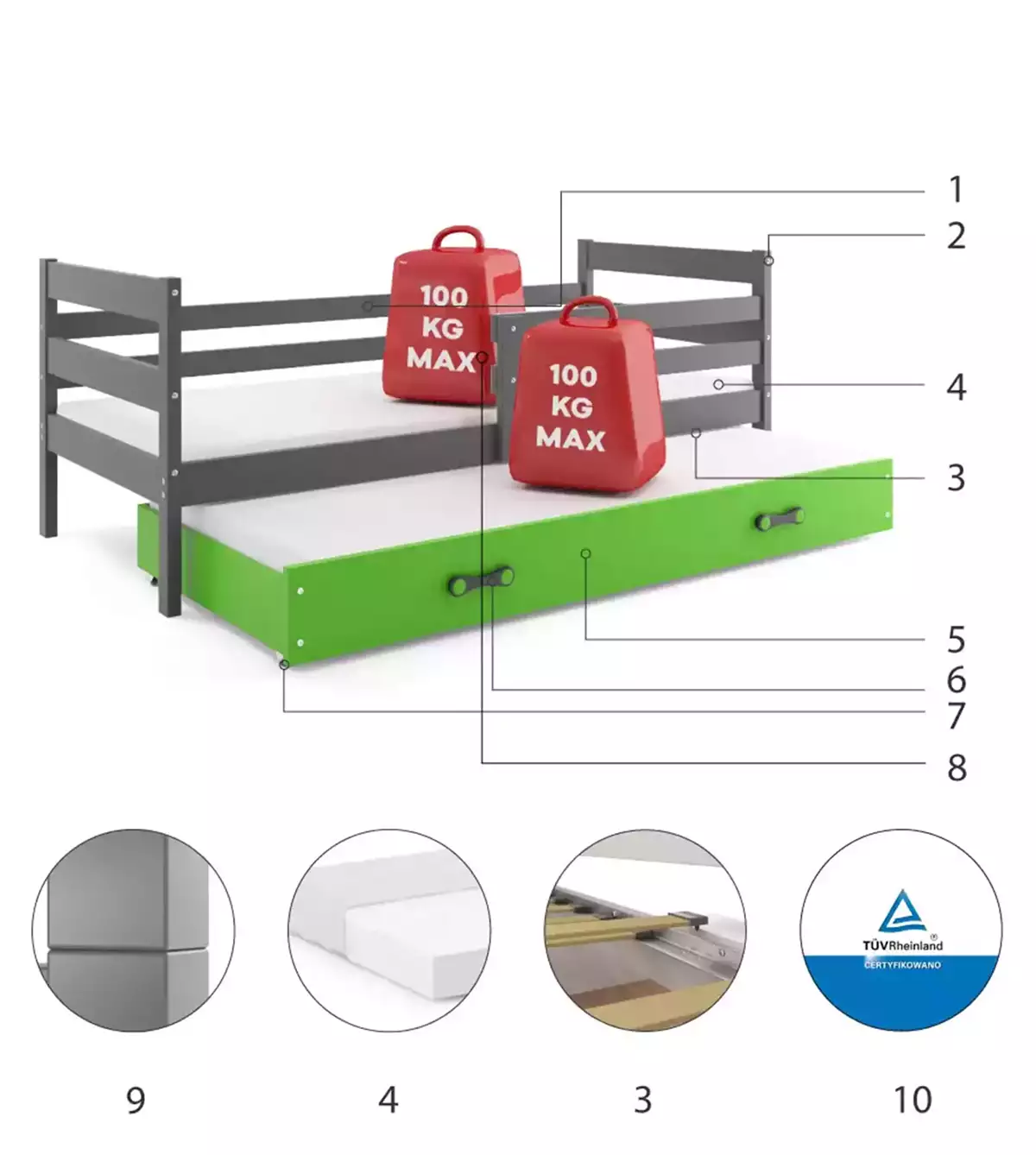Komponenten für Ausziehbett für Jugendliche Erik, 80x190, mit Schublade, grau/grün Komponenten für Ausziehbett für Jugendliche Erik, 80x190, mit Schublade, grau/grün