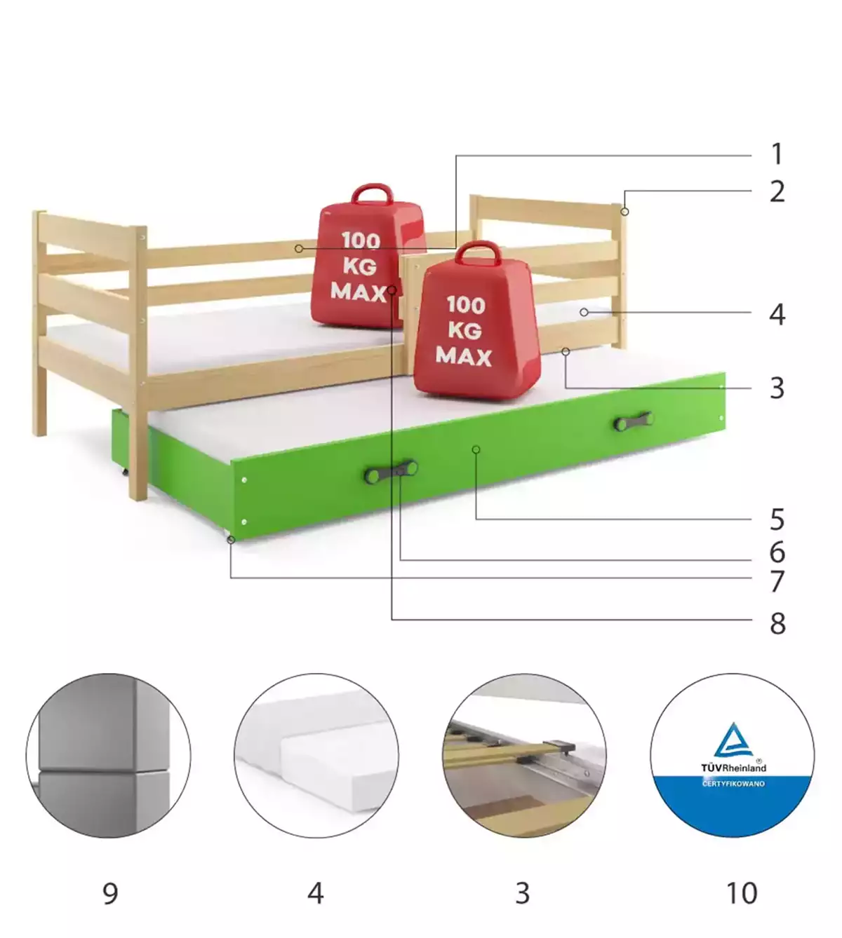 Komponenten für Ausziehbett für Jugendliche Erik, 80x190, mit Schublade, Kiefer/grün Komponenten für Ausziehbett für Jugendliche Erik, 80x190, mit Schublade, Kiefer/grün