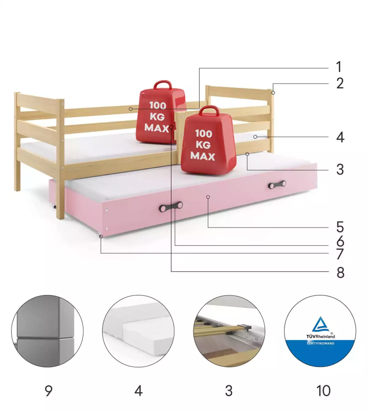 Komponenten für Ausziehbett für Jugendliche Erik, 80x190, mit Schublade, Kiefer/rosa Komponenten für Ausziehbett für Jugendliche Erik, 80x190, mit Schublade, Kiefer/rosa