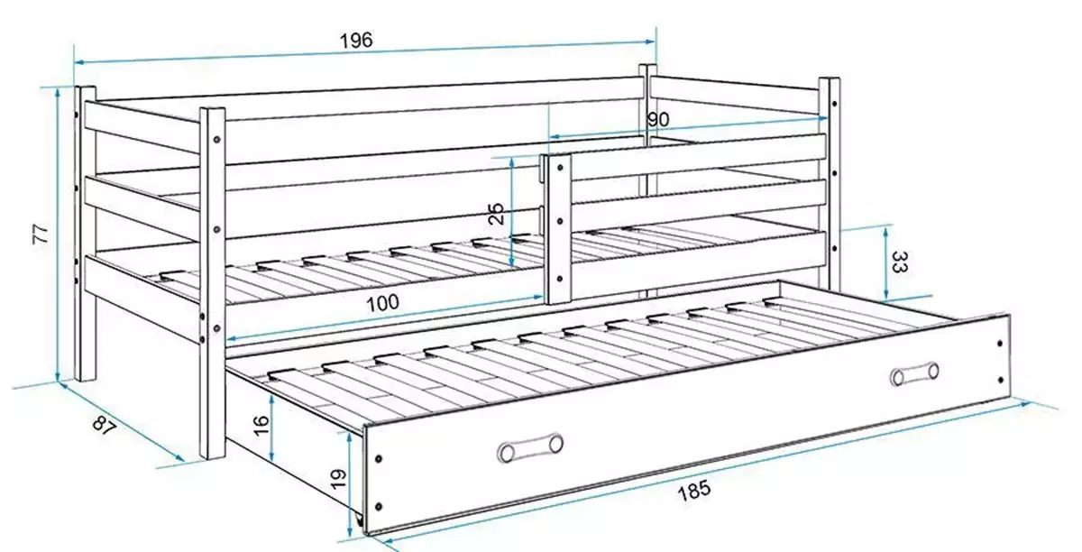 Abmessungen und Spezifikationen für Ausziehbett für Jugendliche Erik, 80x190, mit Schublade, Kiefer/weiß Abmessungen und Spezifikationen für Ausziehbett für Jugendliche Erik, 80x190, mit Schublade, Kiefer/weiß