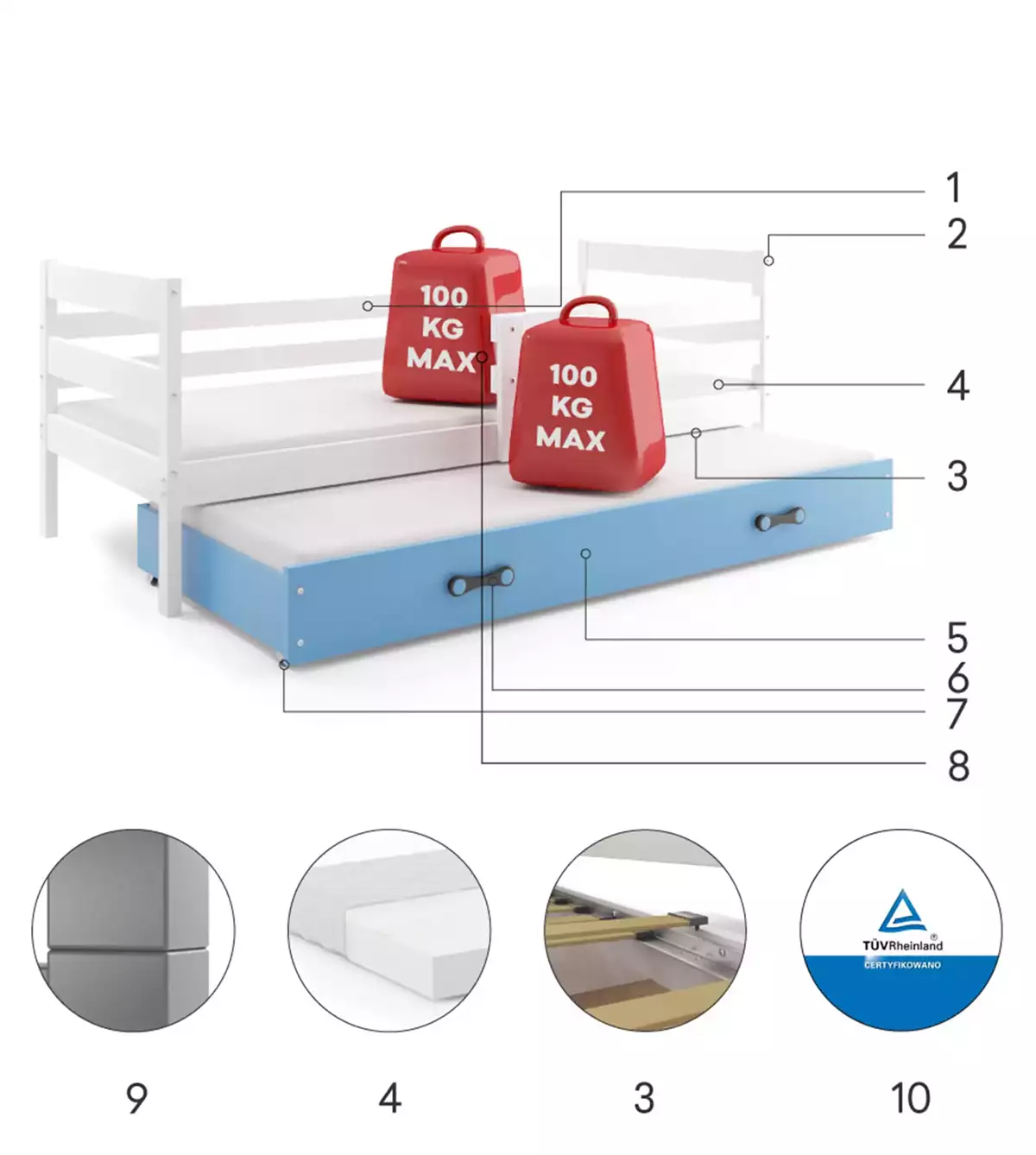 Komponenten für Ausziehbett für Jugendliche Erik, 80x190, mit Schublade, weiß/blau