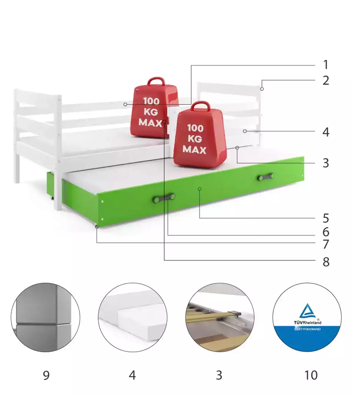 Komponenten für Ausziehbett für Jugendliche Erik, 80x190, mit Schublade, weiß/grün