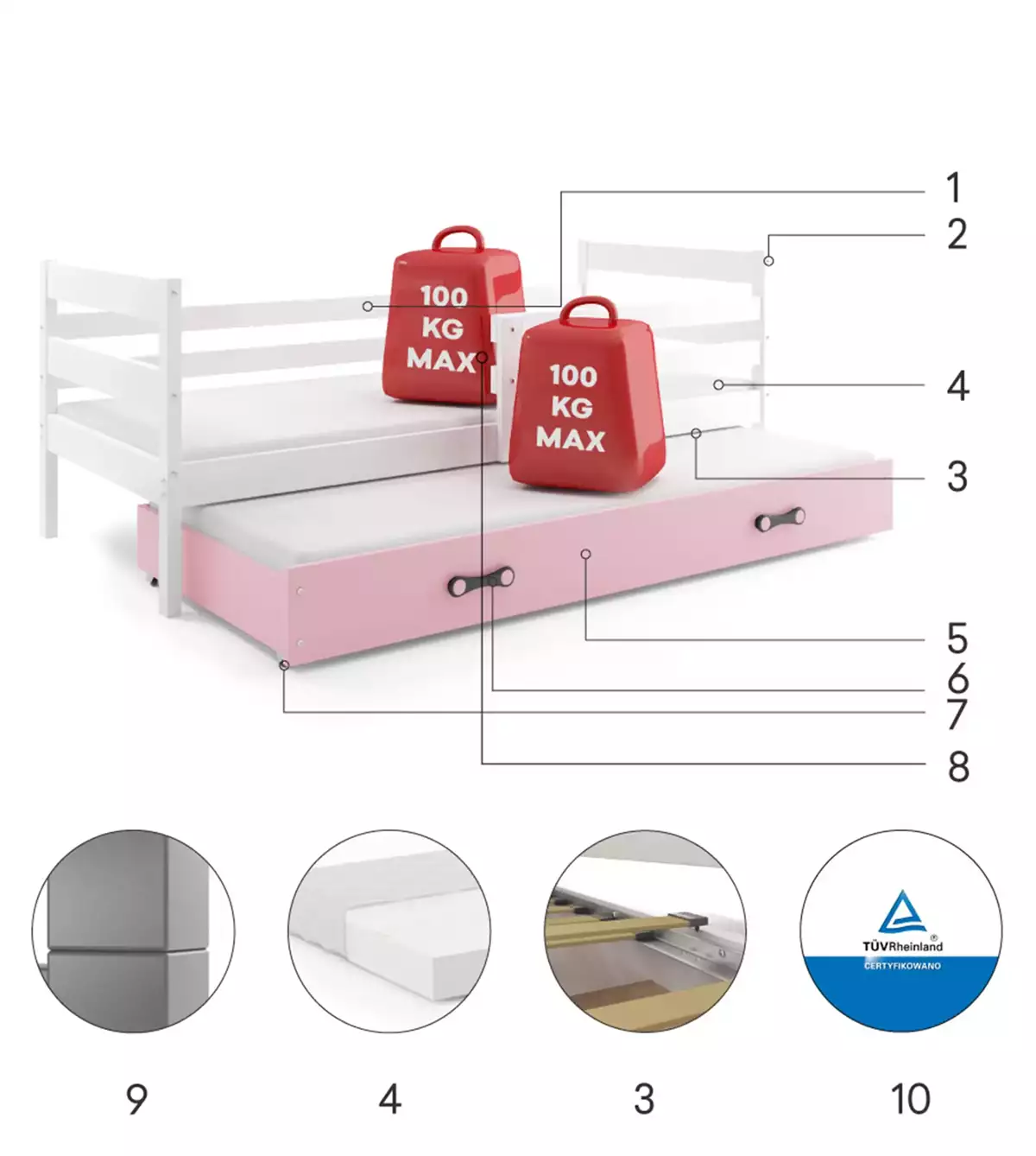 Komponenten für Ausziehbett für Jugendliche Erik, 80x190, mit Schublade, weiß/rosa Komponenten für Ausziehbett für Jugendliche Erik, 80x190, mit Schublade, weiß/rosa