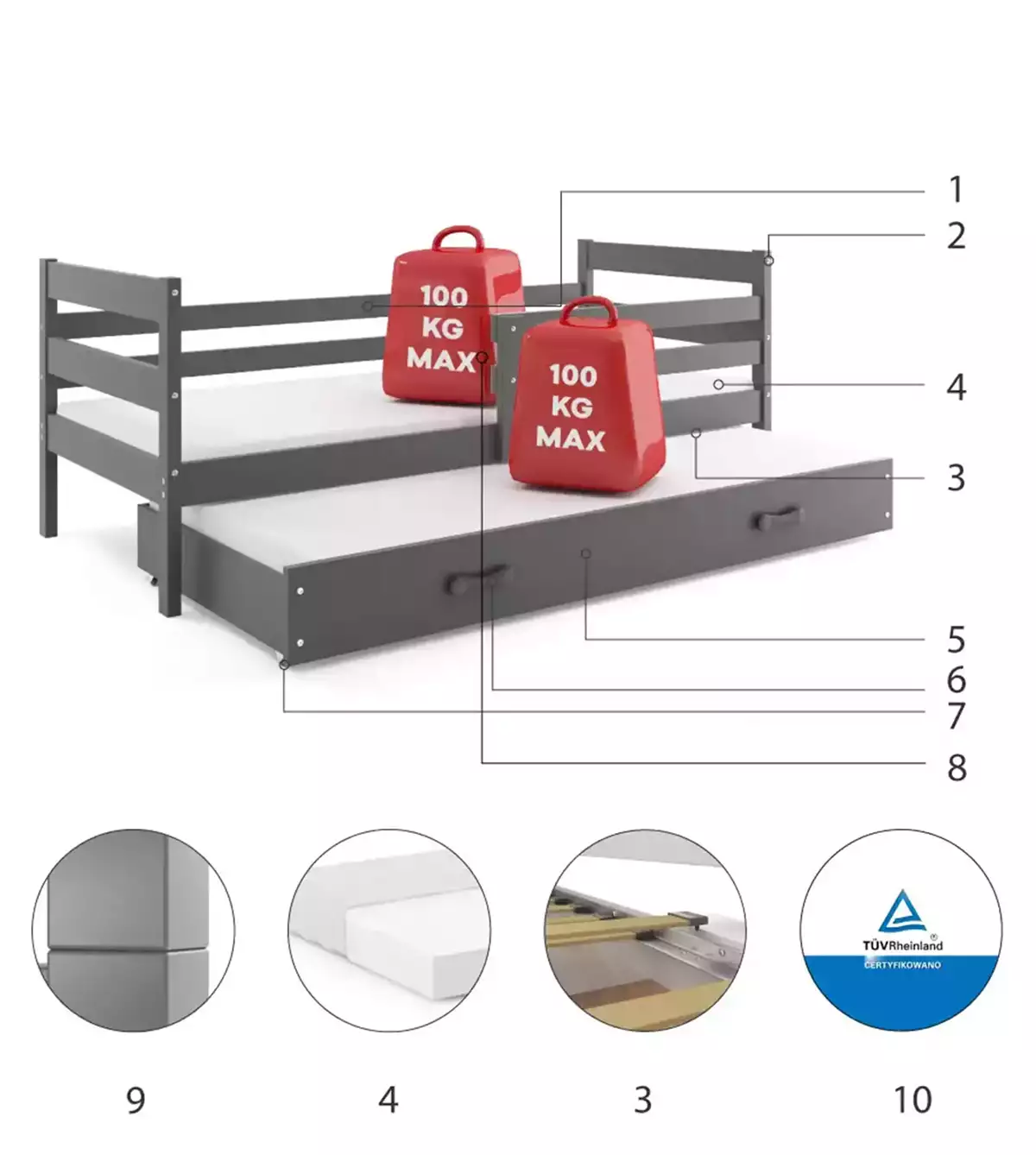 Komponenten für Ausziehbett für Jugendliche Erik, 90x200, mit Matratze und Schublade, grau Komponenten für Ausziehbett für Jugendliche Erik, 90x200, mit Matratze und Schublade, grau