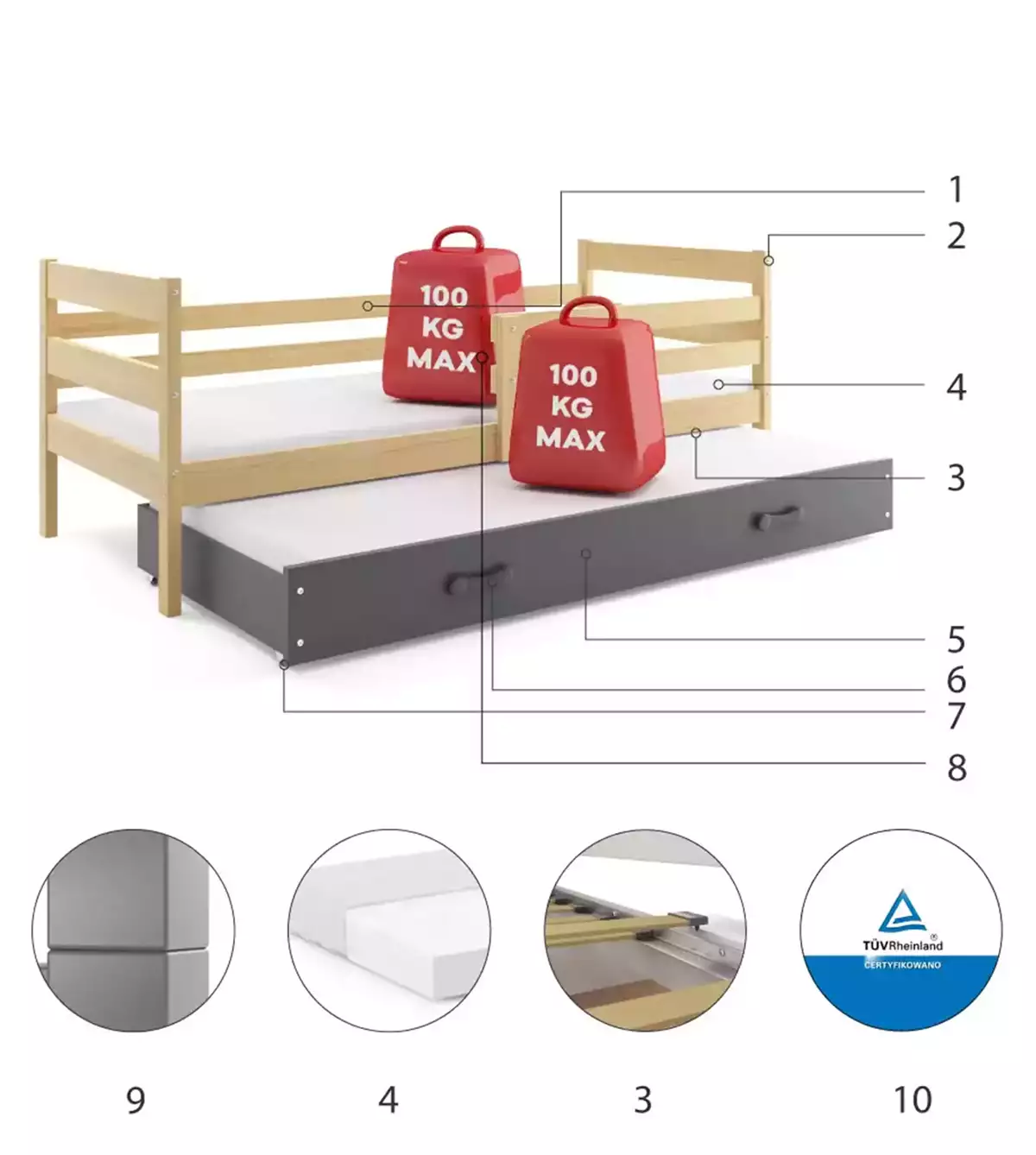 Komponenten für Ausziehbett für Jugendliche Erik, 90x200, mit Matratze und Schublade, Kiefer/grau Komponenten für Ausziehbett für Jugendliche Erik, 90x200, mit Matratze und Schublade, Kiefer/grau
