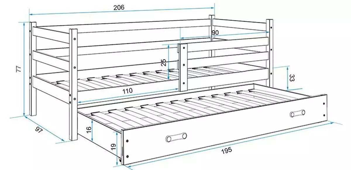 Abmessungen und Spezifikationen für Ausziehbett für Jugendliche Erik, 90x200, mit Schublade, weiß/grau