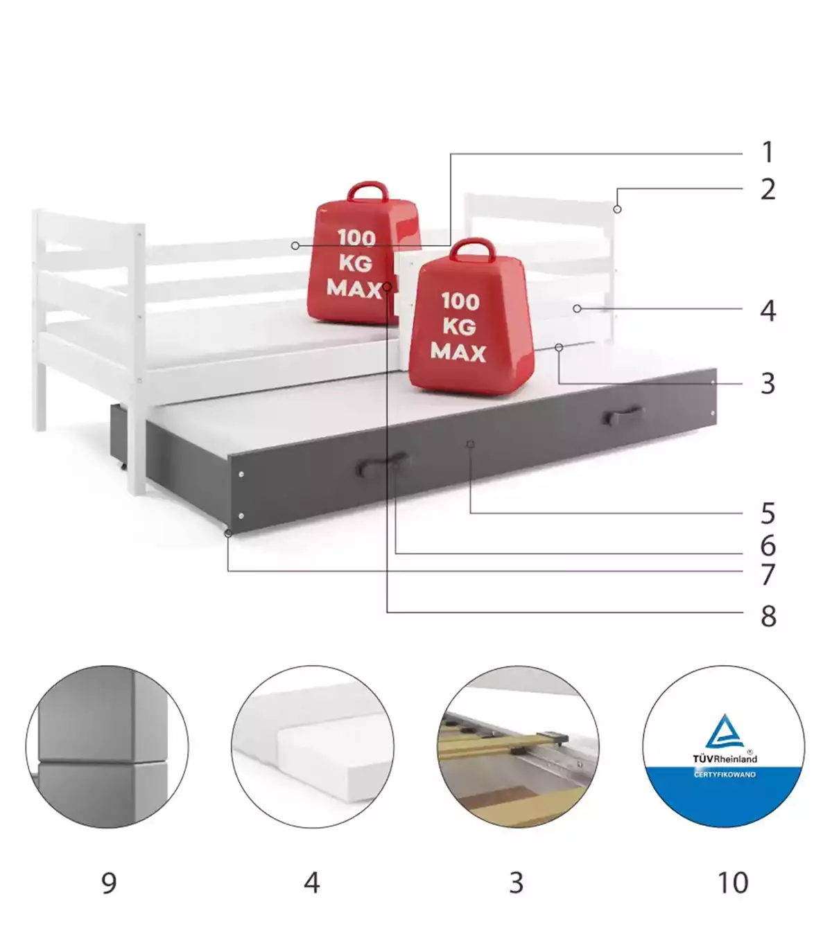 Komponenten für Ausziehbett für Jugendliche Erik, 90x200, mit Schublade, weiß/grau