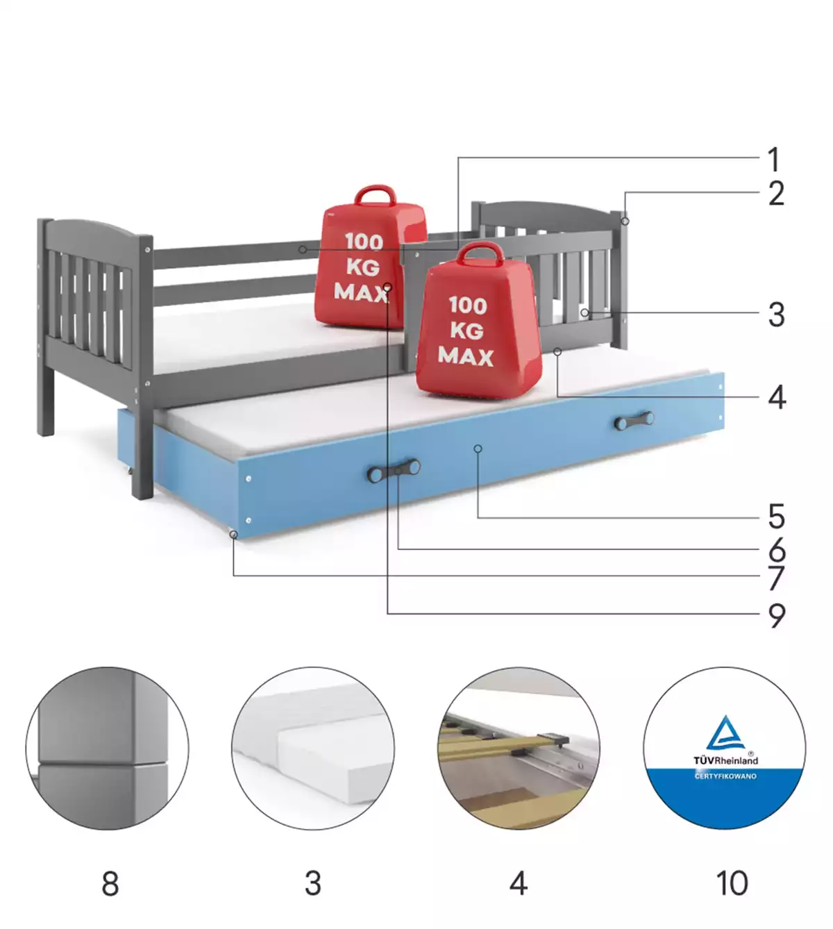 Komponenten für Ausziehbett für Jugendliche Jakob, 80x190, mit Matratze und Schublade, grau/blau Komponenten für Ausziehbett für Jugendliche Jakob, 80x190, mit Matratze und Schublade, grau/blau