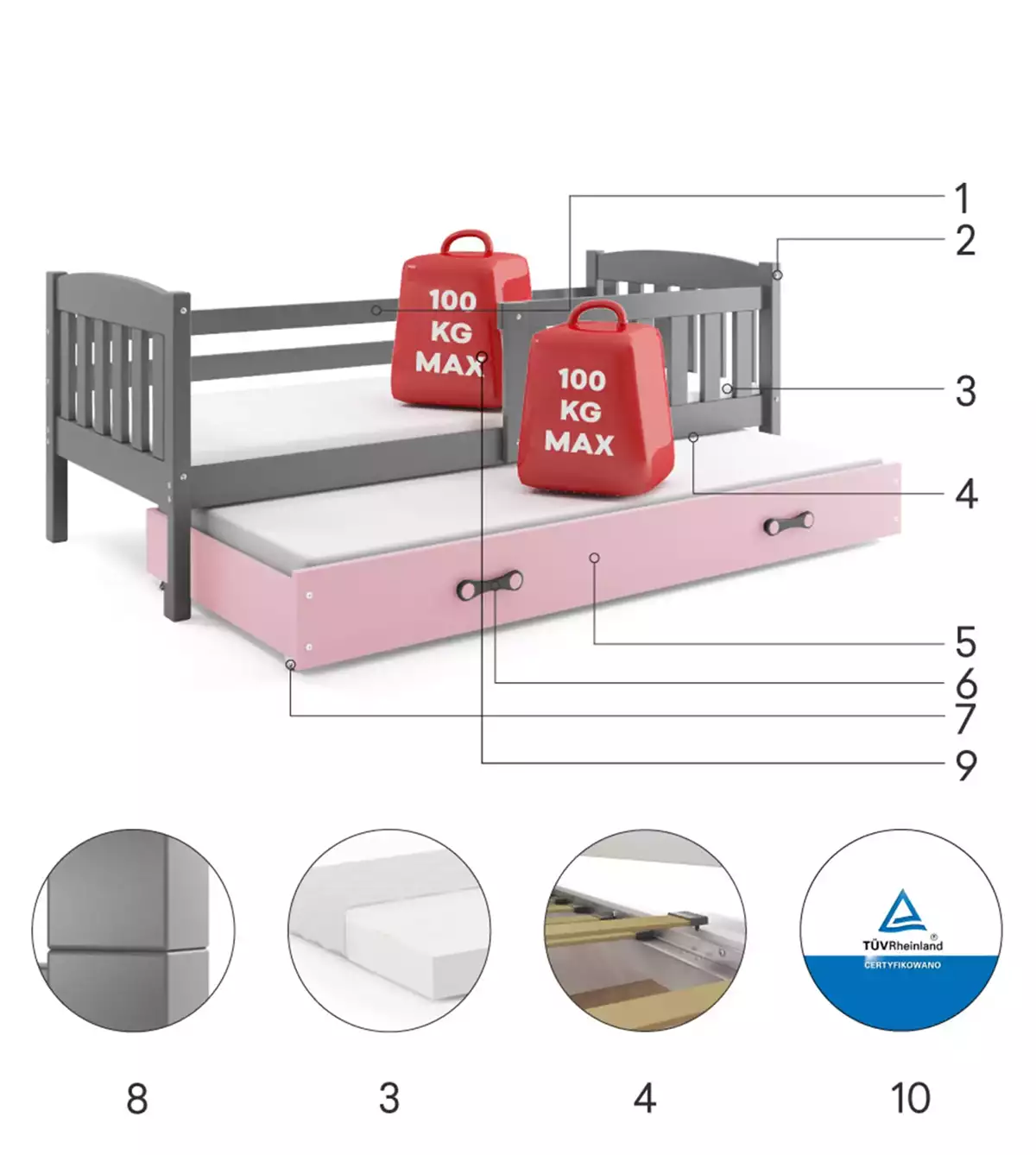 Komponenten für Ausziehbett für Jugendliche Jakob, 80x190, mit Matratze und Schublade, grau/rosa