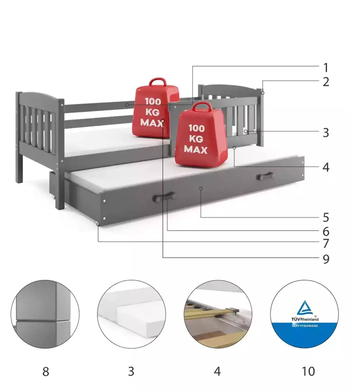 Komponenten für Ausziehbett für Jugendliche Jakob, 80x190, mit Matratze und Schublade, grau Komponenten für Ausziehbett für Jugendliche Jakob, 80x190, mit Matratze und Schublade, grau