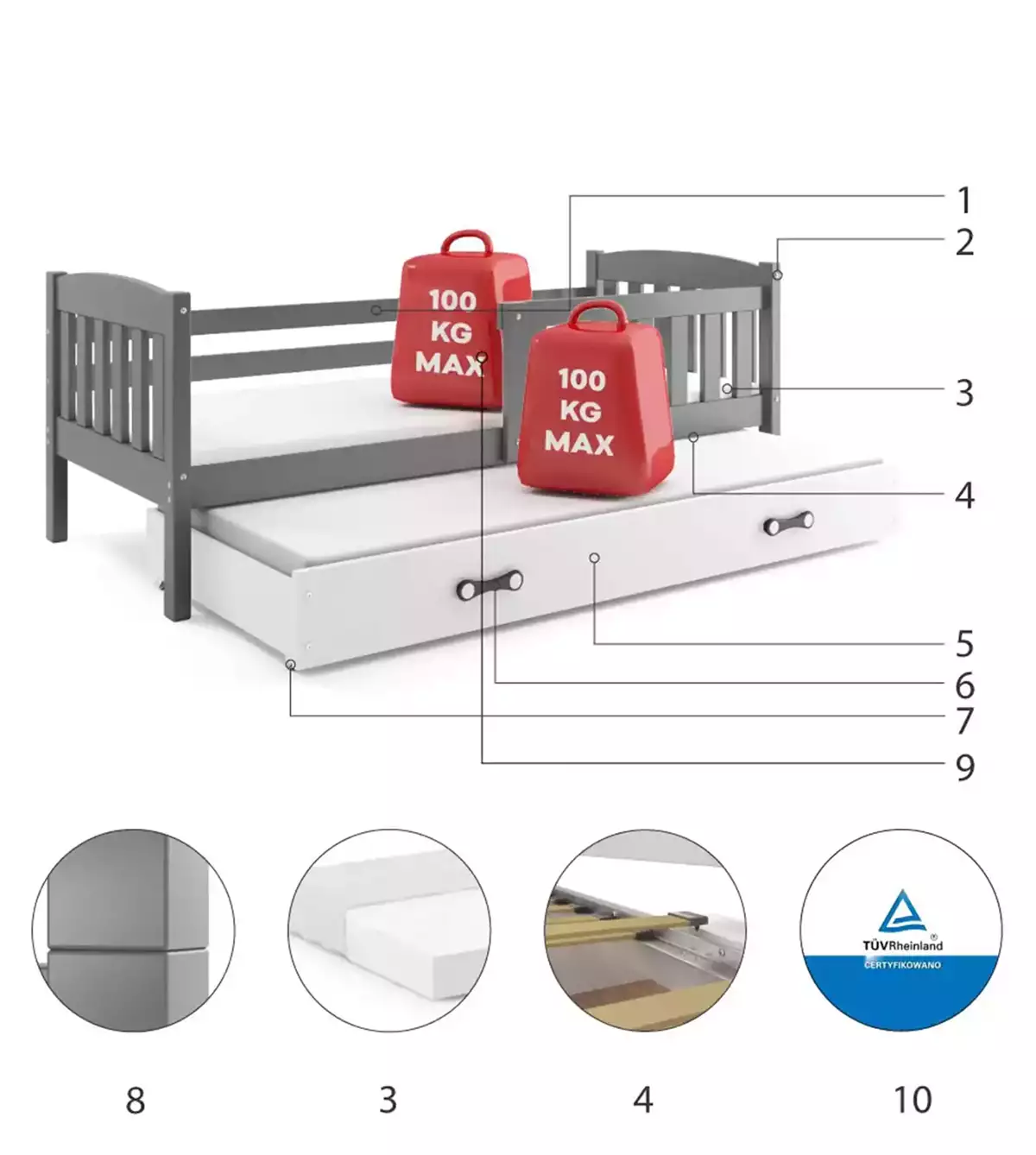 Komponenten für Ausziehbett für Jugendliche Jakob, 80x190, mit Matratze und Schublade, grau/weiß Komponenten für Ausziehbett für Jugendliche Jakob, 80x190, mit Matratze und Schublade, grau/weiß