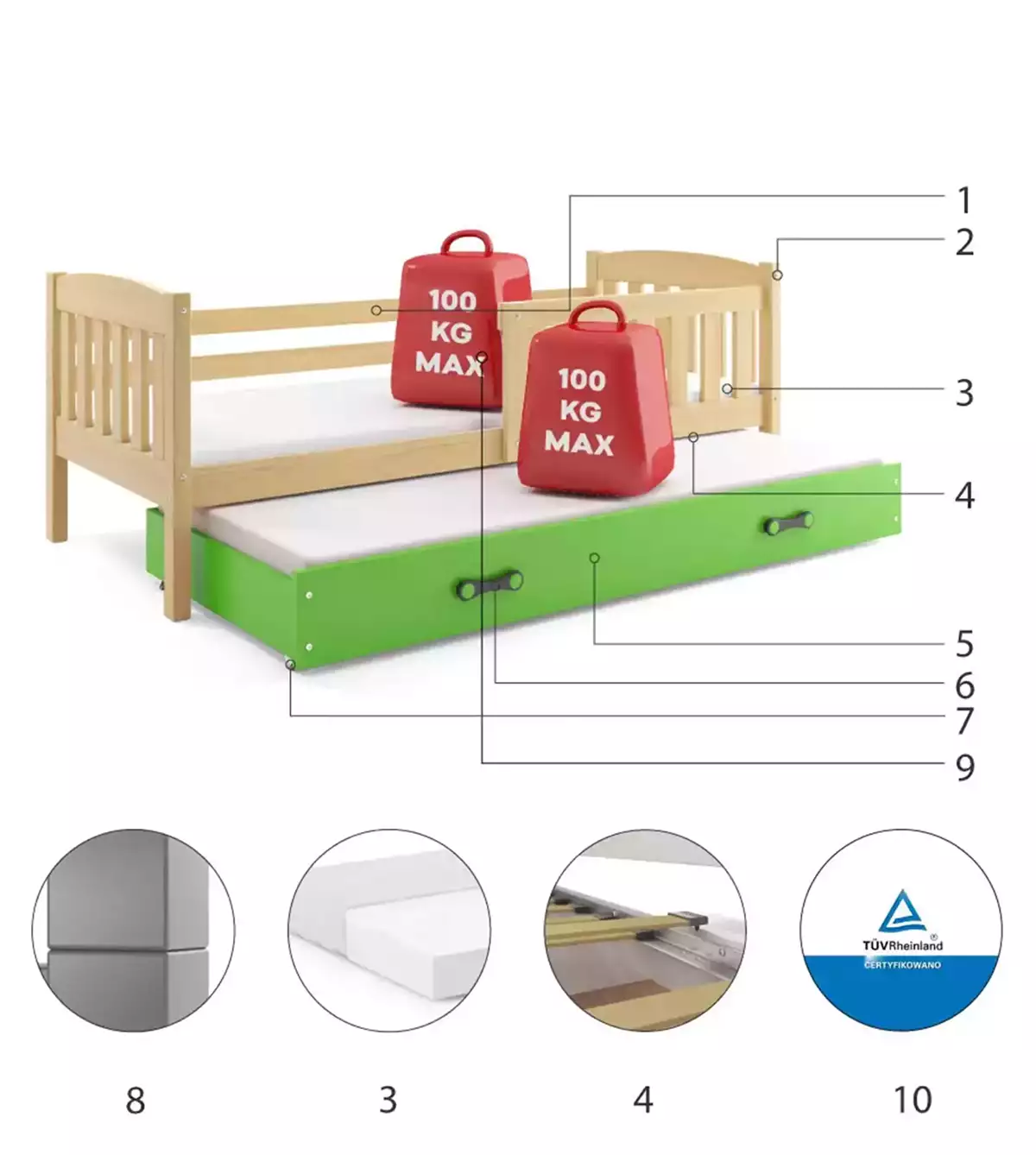 Komponenten für Ausziehbett für Jugendliche Jakob, 80x190, mit Matratze und Schublade, Kiefer/grün
