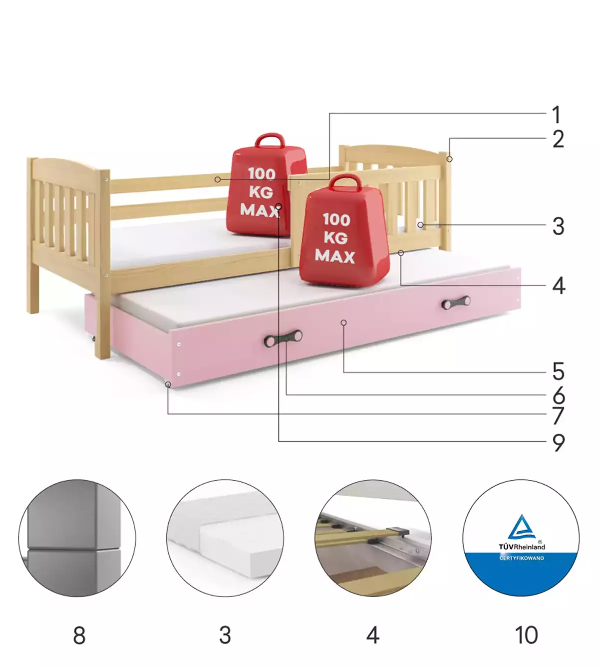 Komponenten für Ausziehbett für Jugendliche Jakob, 80x190, mit Matratze und Schublade, Kiefer/rosa