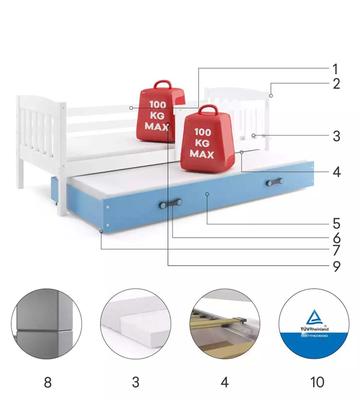 Komponenten für Ausziehbett für Jugendliche Jakob, 80x190, mit Matratze und Schublade, weiß/blau