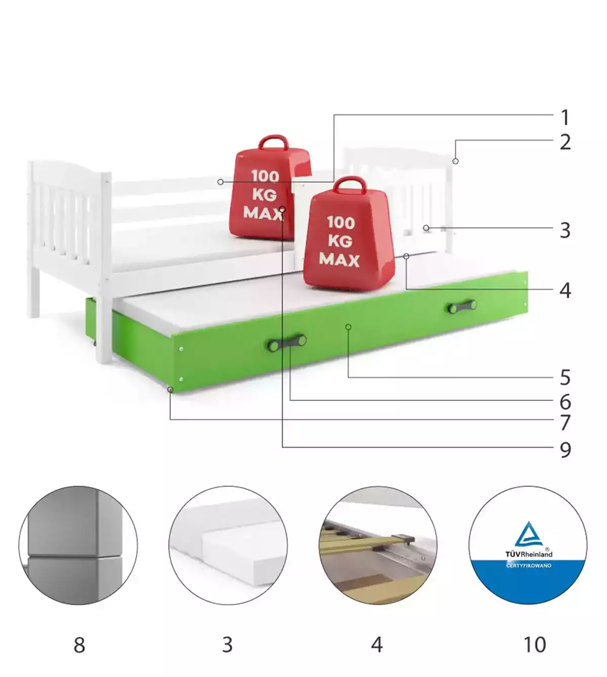 Komponenten für Ausziehbett für Jugendliche Jakob, 80x190, mit Matratze und Schublade, weiß/grün