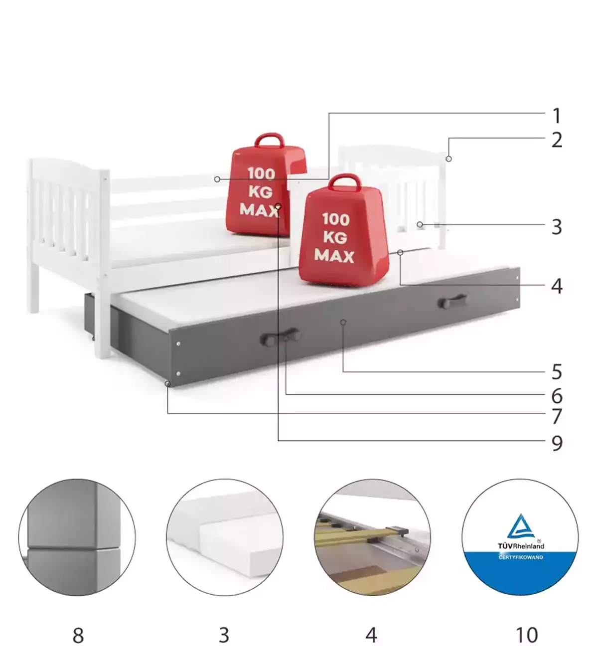 Komponenten für Ausziehbett für Jugendliche Jakob, 80x190, mit Matratze und Schublade, weiß/grau Komponenten für Ausziehbett für Jugendliche Jakob, 80x190, mit Matratze und Schublade, weiß/grau
