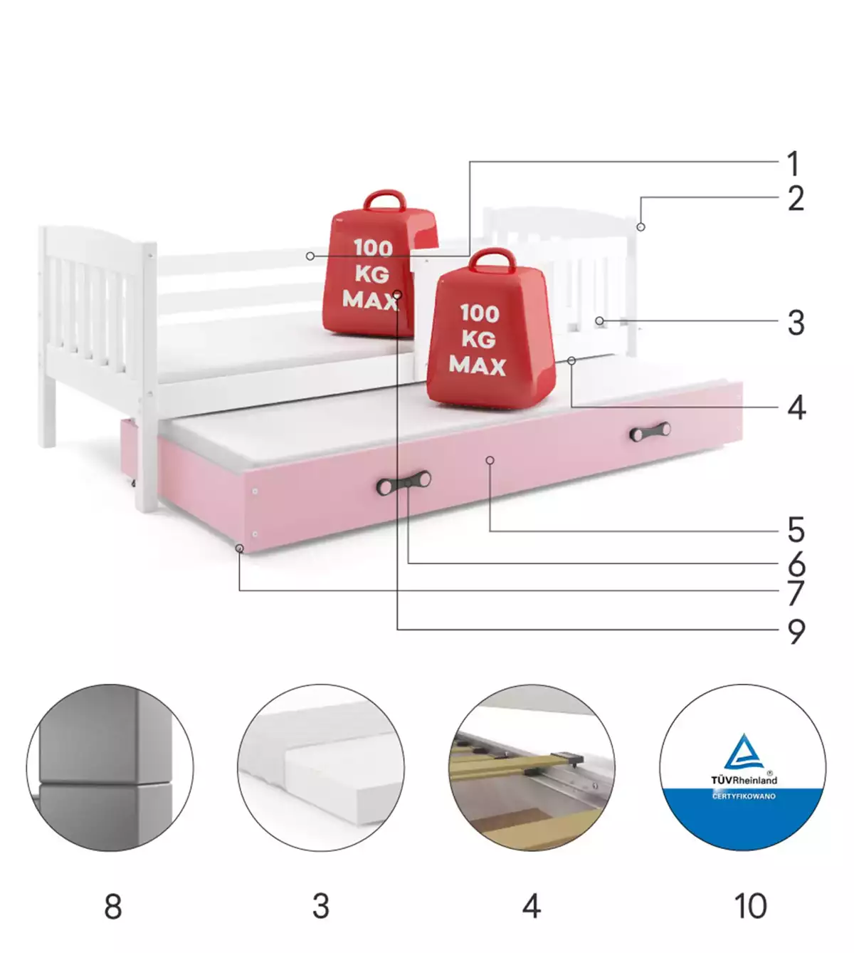 Komponenten für Ausziehbett für Jugendliche Jakob, 80x190, mit Matratze und Schublade, weiß/rosa