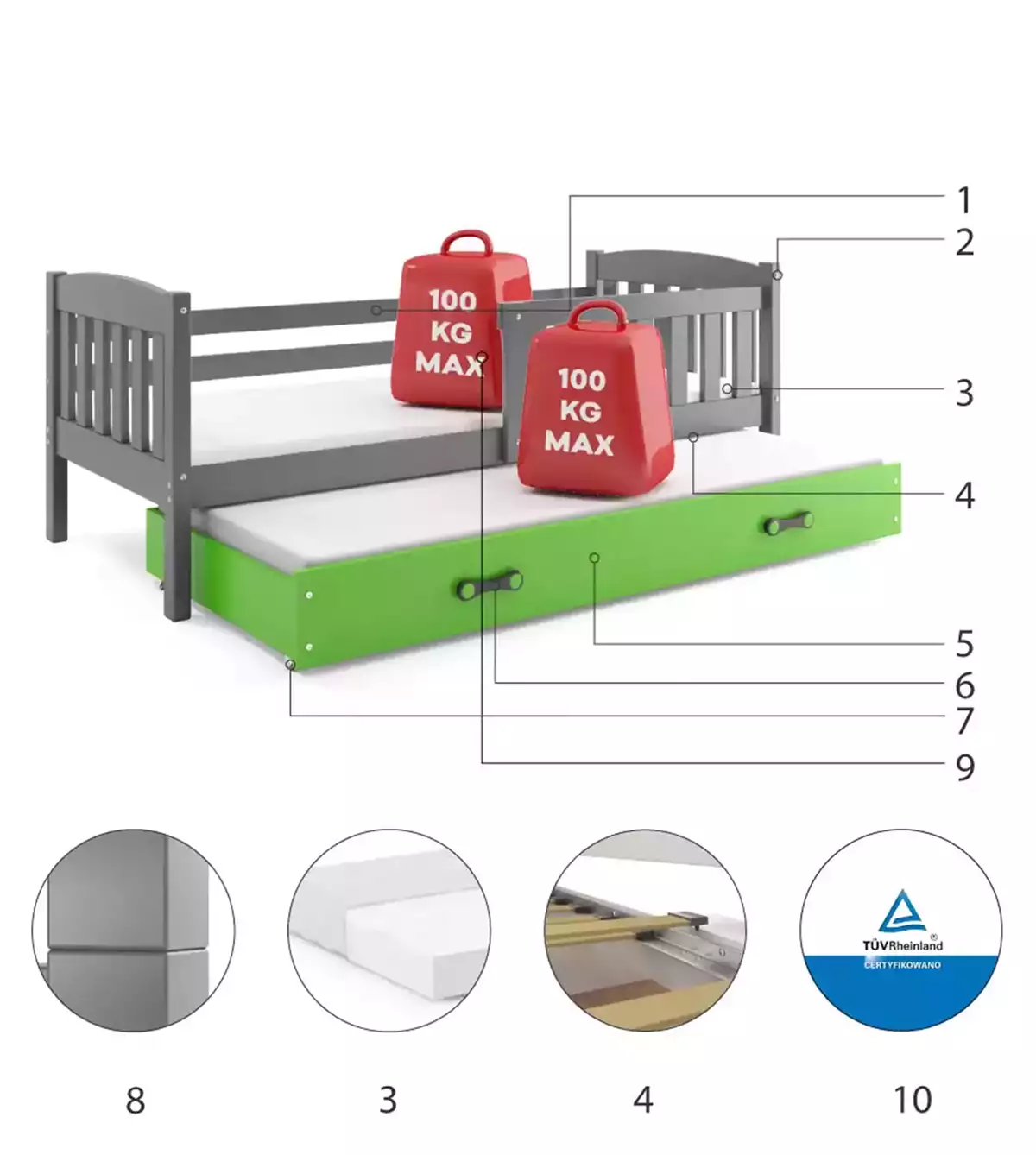 Komponenten für Ausziehbett für Jugendliche Jakob, 80x190, mit Schublade, grau/grün Komponenten für Ausziehbett für Jugendliche Jakob, 80x190, mit Schublade, grau/grün