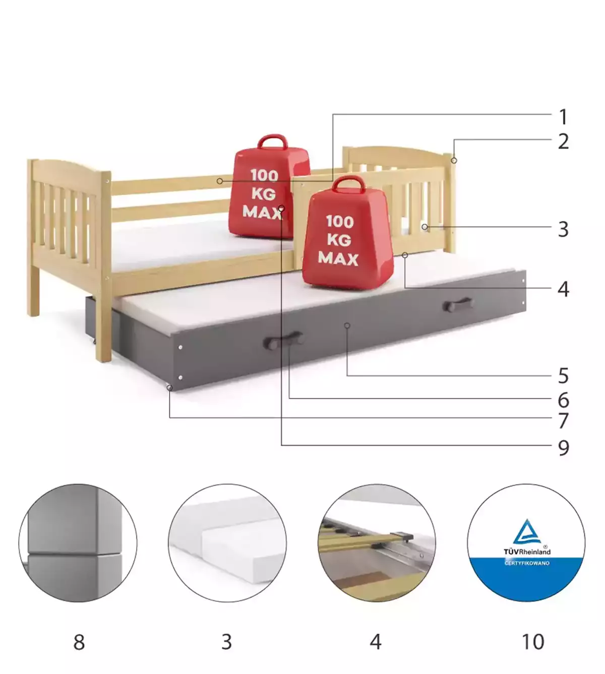 Komponenten für Ausziehbett für Jugendliche Jakob, 80x190, mit Schublade, Kiefer/grau Komponenten für Ausziehbett für Jugendliche Jakob, 80x190, mit Schublade, Kiefer/grau