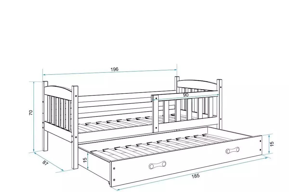 Abmessungen und Spezifikationen für Ausziehbett für Jugendliche Jakob, 80x190, mit Schublade, weiß/blau Abmessungen und Spezifikationen für Ausziehbett für Jugendliche Jakob, 80x190, mit Schublade, weiß/blau