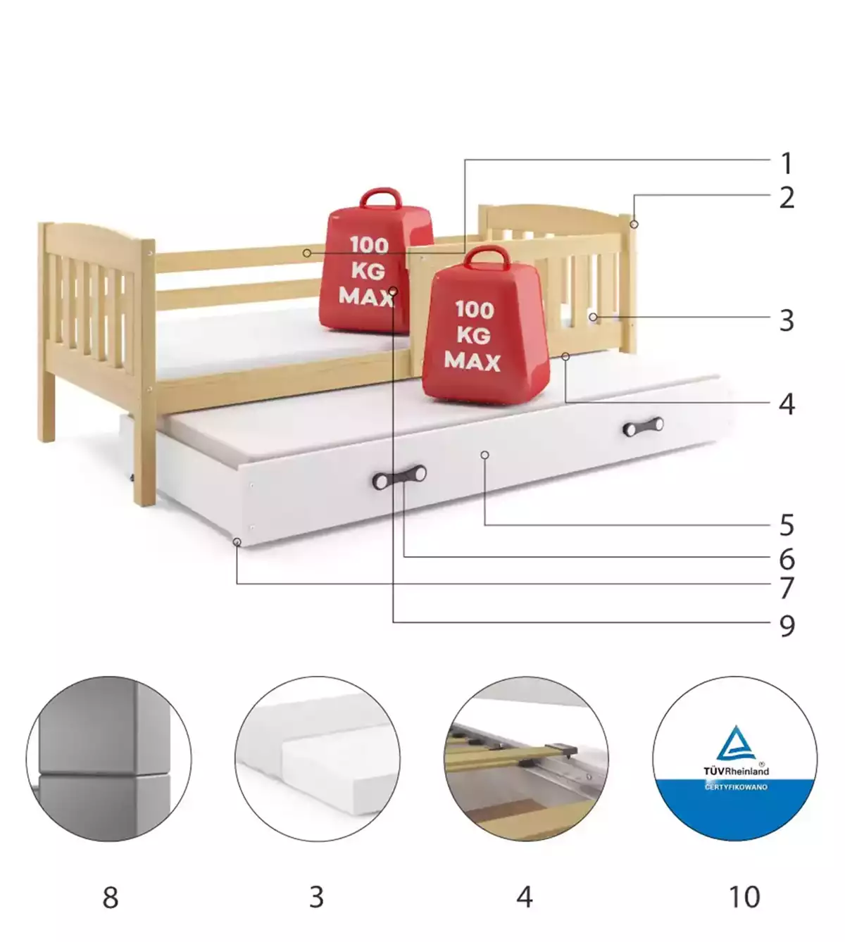 Komponenten für Ausziehbett für Jugendliche Jakob, 90x190, mit Matratze und Schublade, Kiefer/weiß