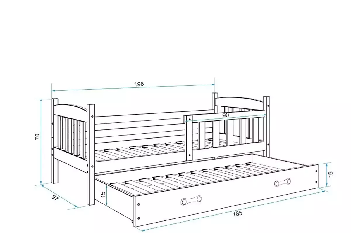Abmessungen und Spezifikationen für Ausziehbett für Jugendliche Jakob, 90x190, mit Schublade, weiß/blau Abmessungen und Spezifikationen für Ausziehbett für Jugendliche Jakob, 90x190, mit Schublade, weiß/blau