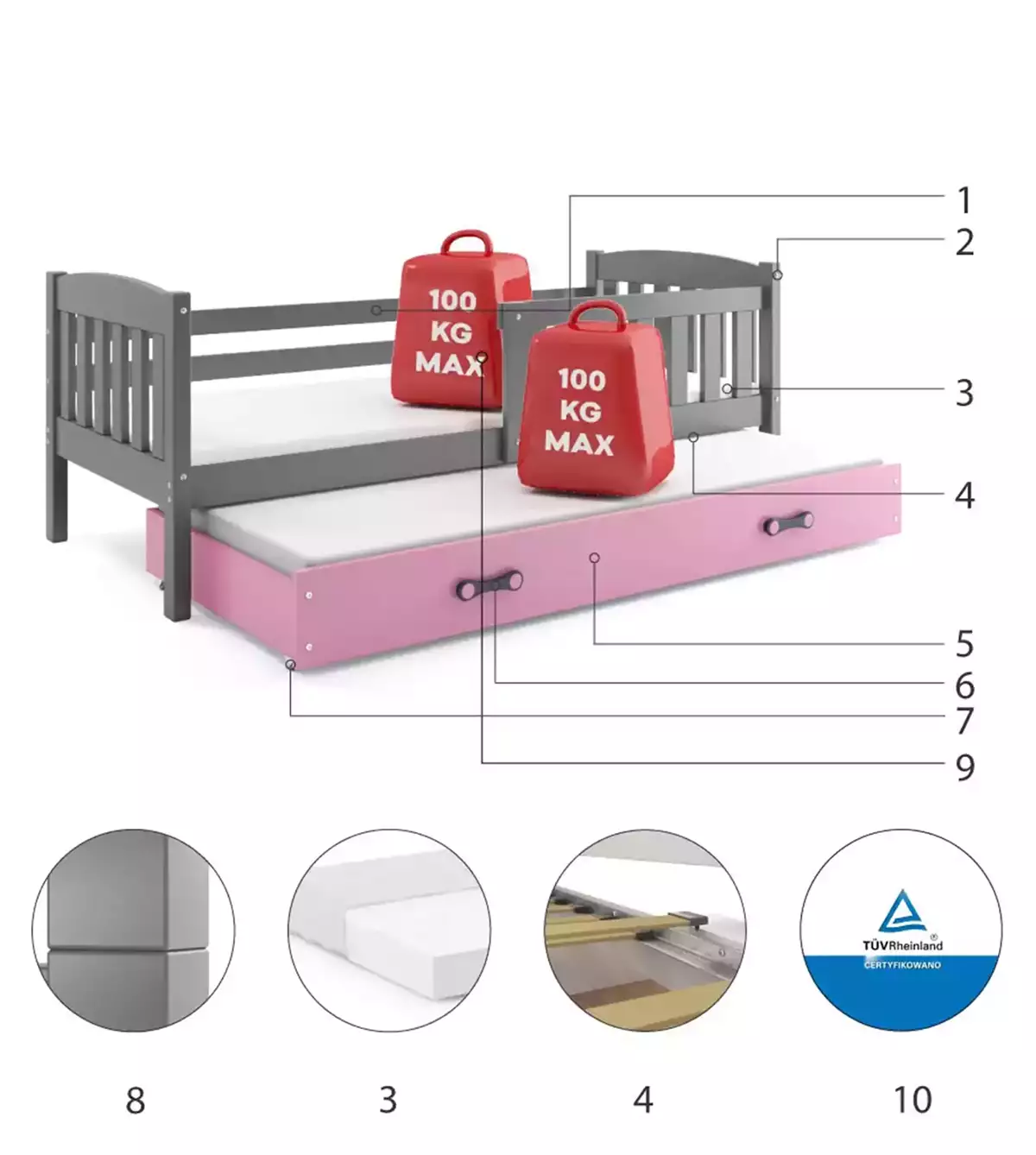Komponenten für Ausziehbett für Jugendliche Jakob, 90x200, mit Matratze und Schublade, grau/rosa Komponenten für Ausziehbett für Jugendliche Jakob, 90x200, mit Matratze und Schublade, grau/rosa