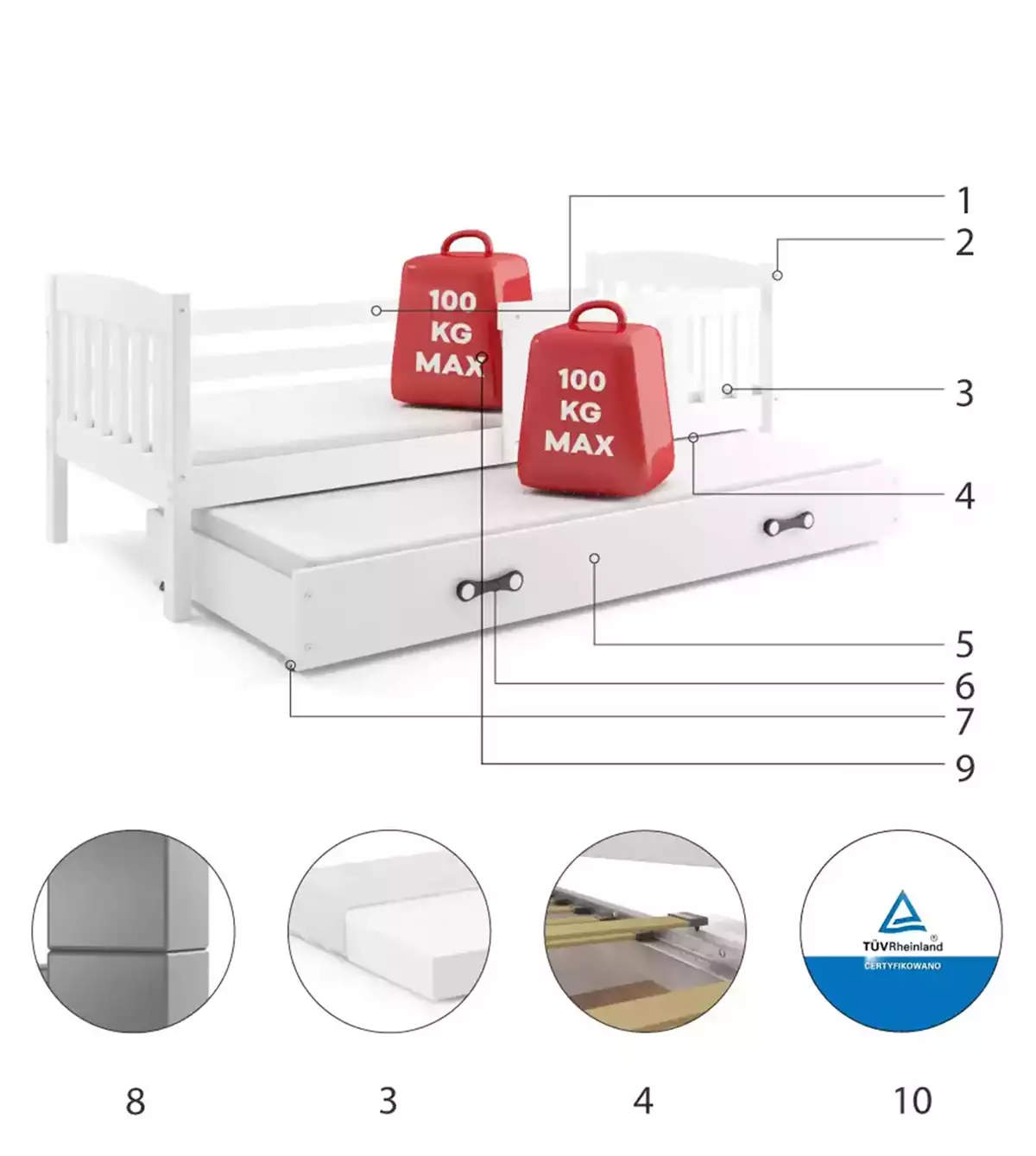 Komponenten für Ausziehbett für Jugendliche Jakob, 90x200, mit Matratze und Schublade, weiß