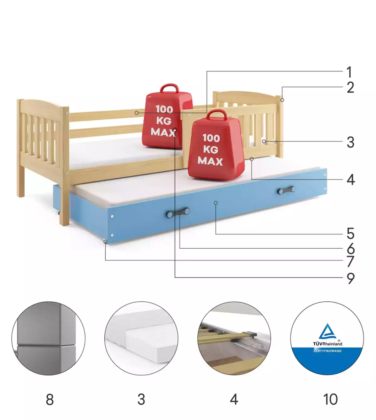 Komponenten für Ausziehbett für Jugendliche Jakob, 90x200, mit Schublade, Kiefer/blau Komponenten für Ausziehbett für Jugendliche Jakob, 90x200, mit Schublade, Kiefer/blau