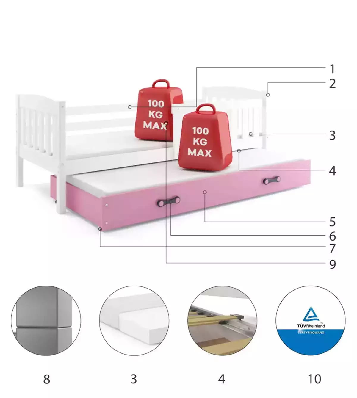 Komponenten für Ausziehbett für Jugendliche Jakob, 90x200, mit Schublade, weiß/rosa Komponenten für Ausziehbett für Jugendliche Jakob, 90x200, mit Schublade, weiß/rosa