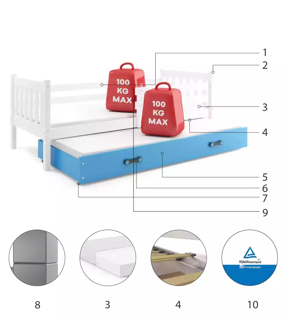 Komponenten für Ausziehbett für Jugendliche Lieb, 90x190, mit Matratze und Schublade, weiß/blau
