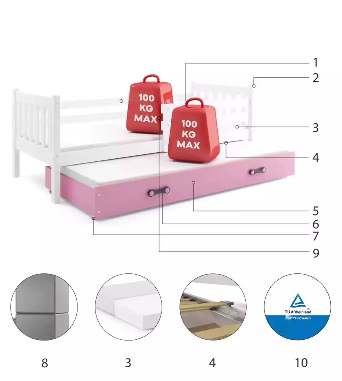 Komponenten für Ausziehbett für Jugendliche Lieb, 90x190, mit Matratze und Schublade, weiß/rosa